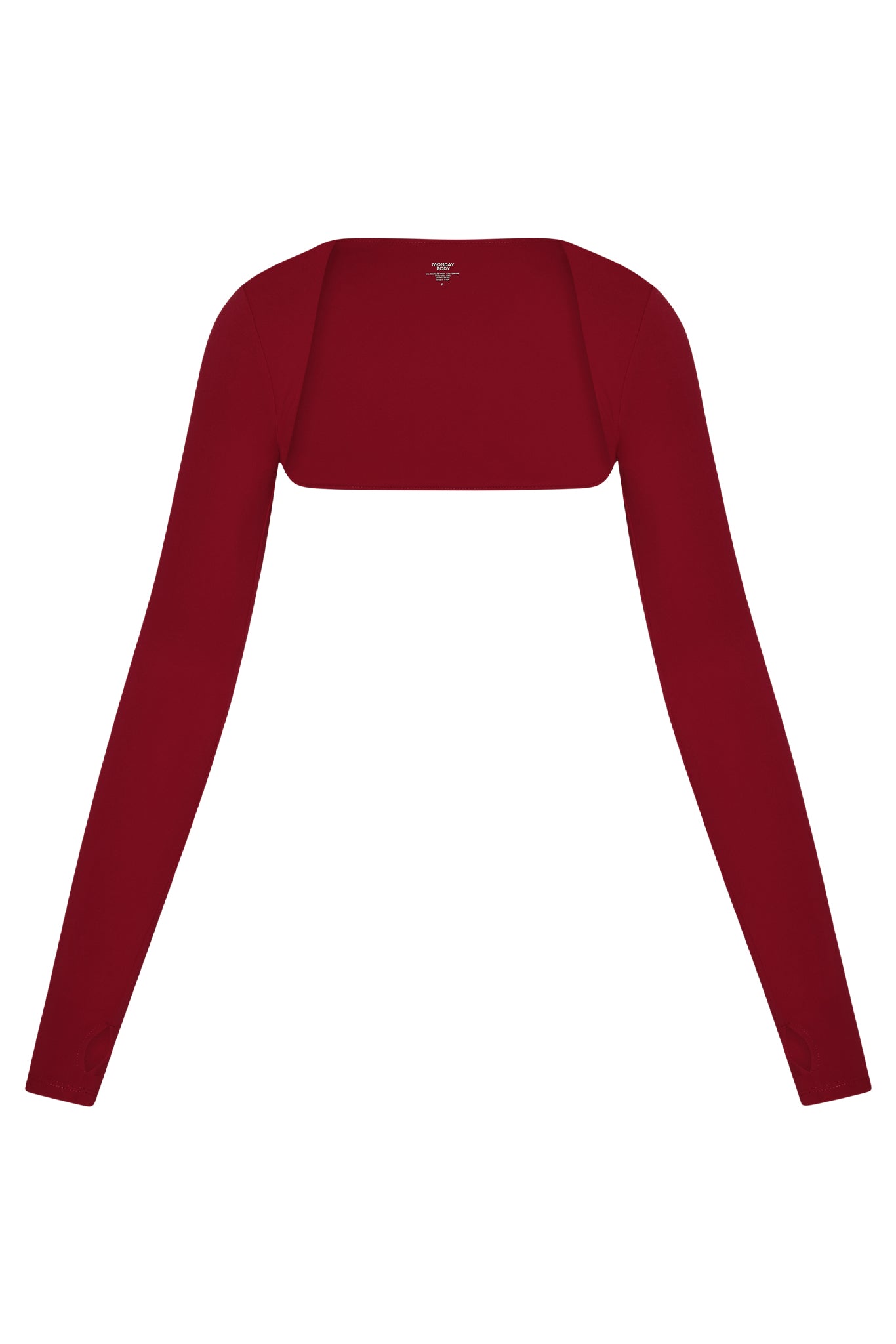 Front view of Runyon Canyon Bolero in cherry showing cropped fitted body and long sleeves with thumb holes on white background