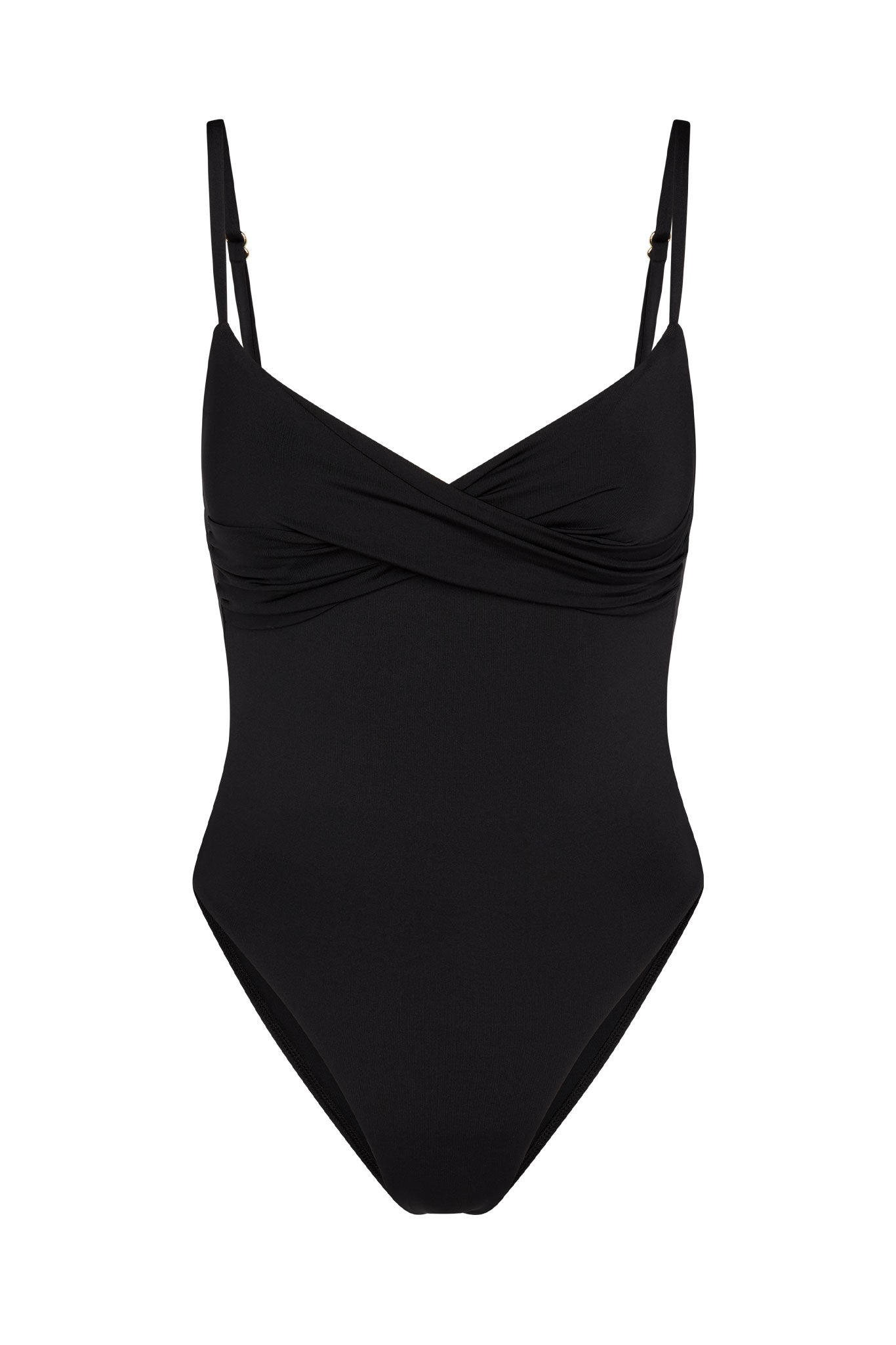 Black one-piece swimsuit with cross-front detail and adjustable spaghetti straps on white background.