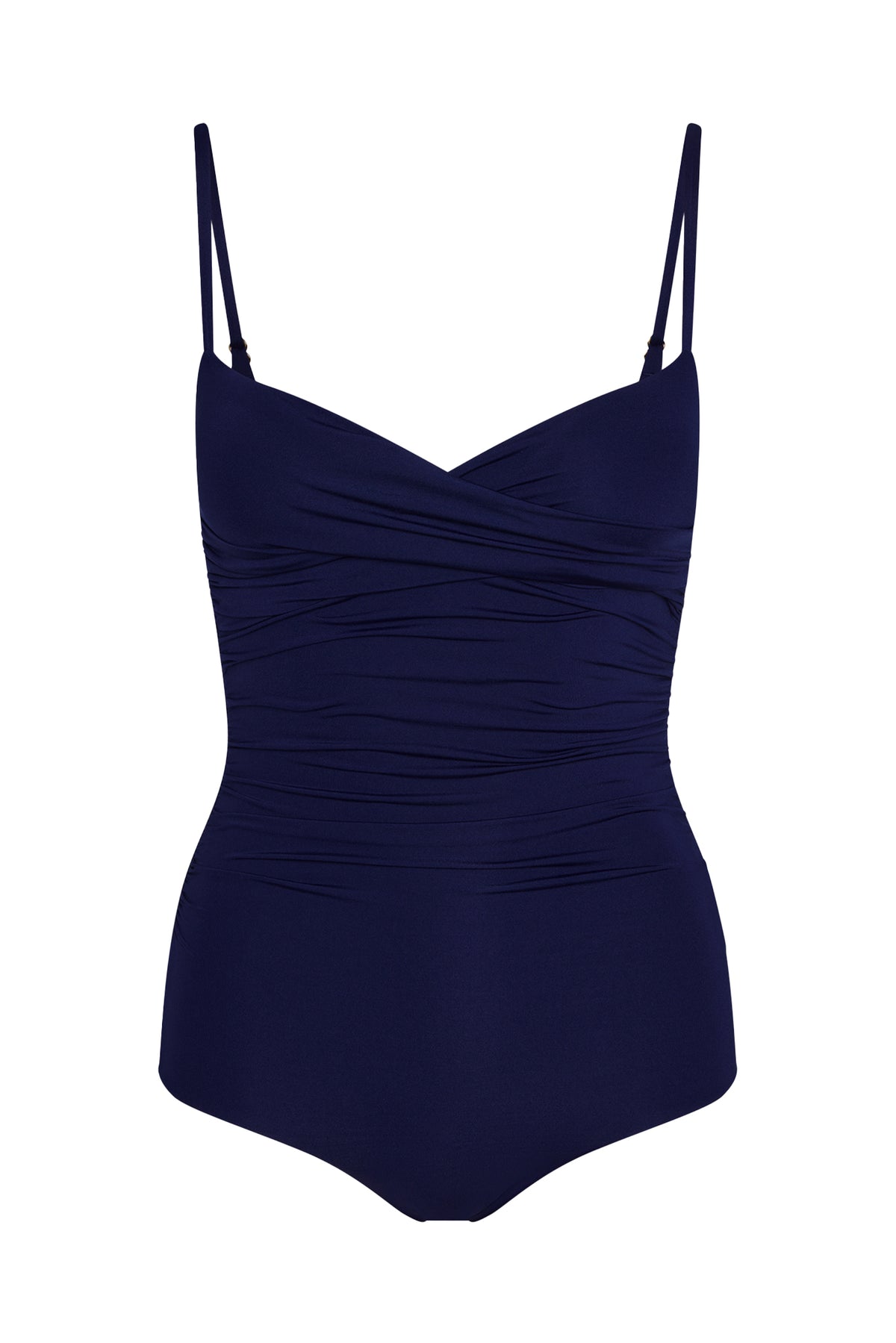 Front view of Bordeaux full-coverage one-piece in Midnight showcasing crossover neckline and ruched torso on white background
