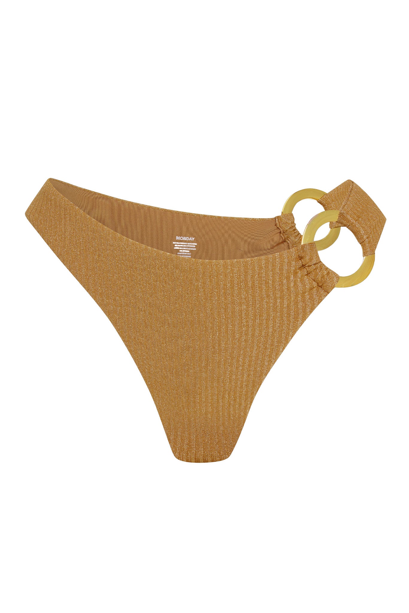 Gold ribbed high-cut bikini bottoms with double hip rings; interior label reads MONDAY