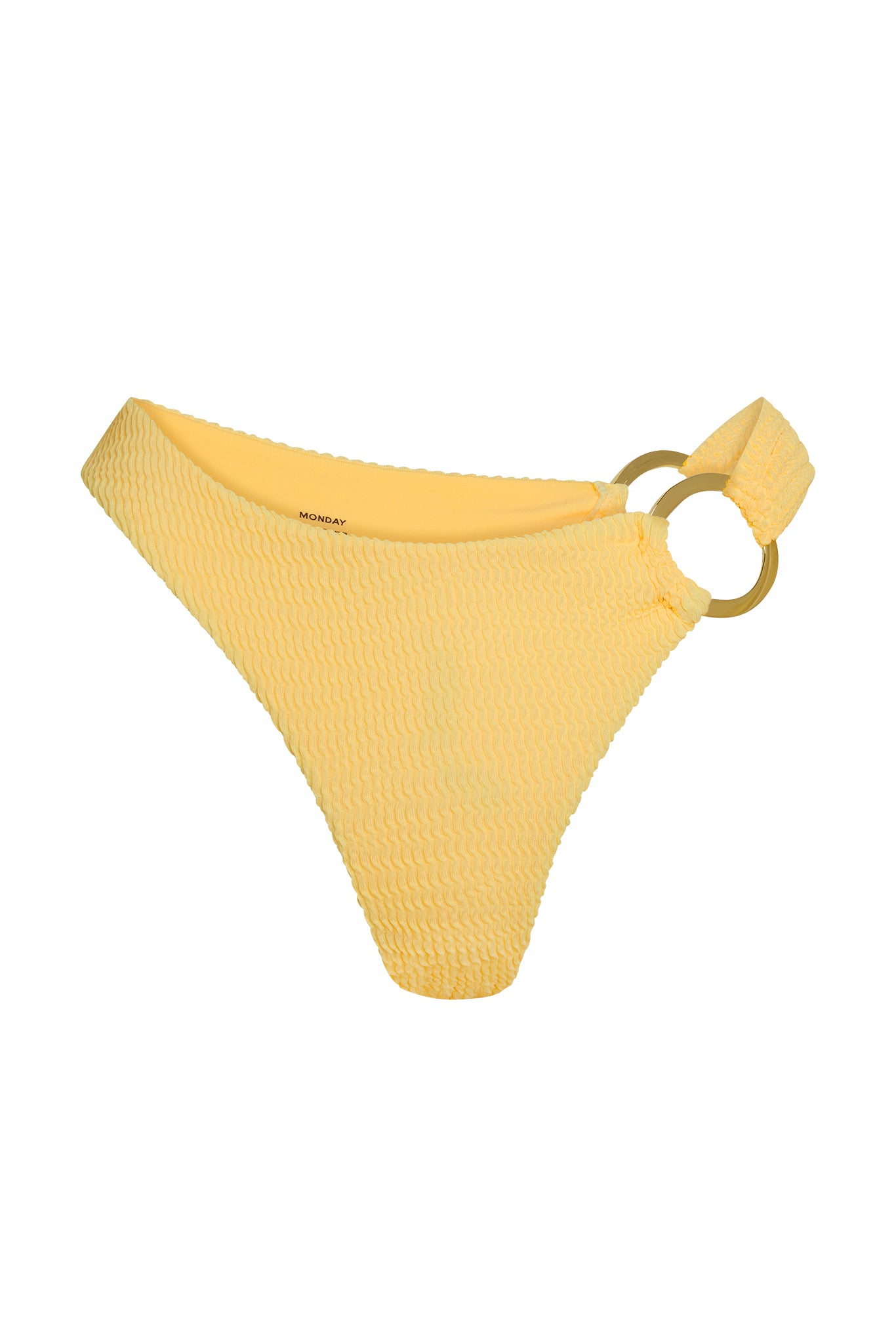 Yellow textured bikini bottom with gold ring detail at hip; "MONDAY" printed inside.
