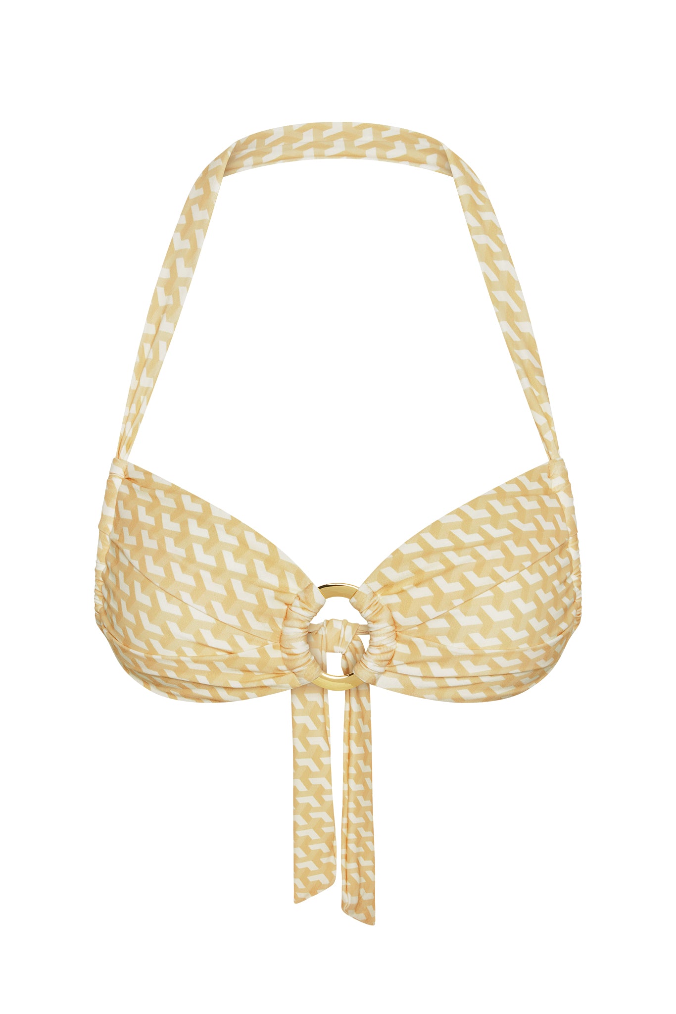 Yellow geometric-pattern halter bikini top with gold ring and front tie