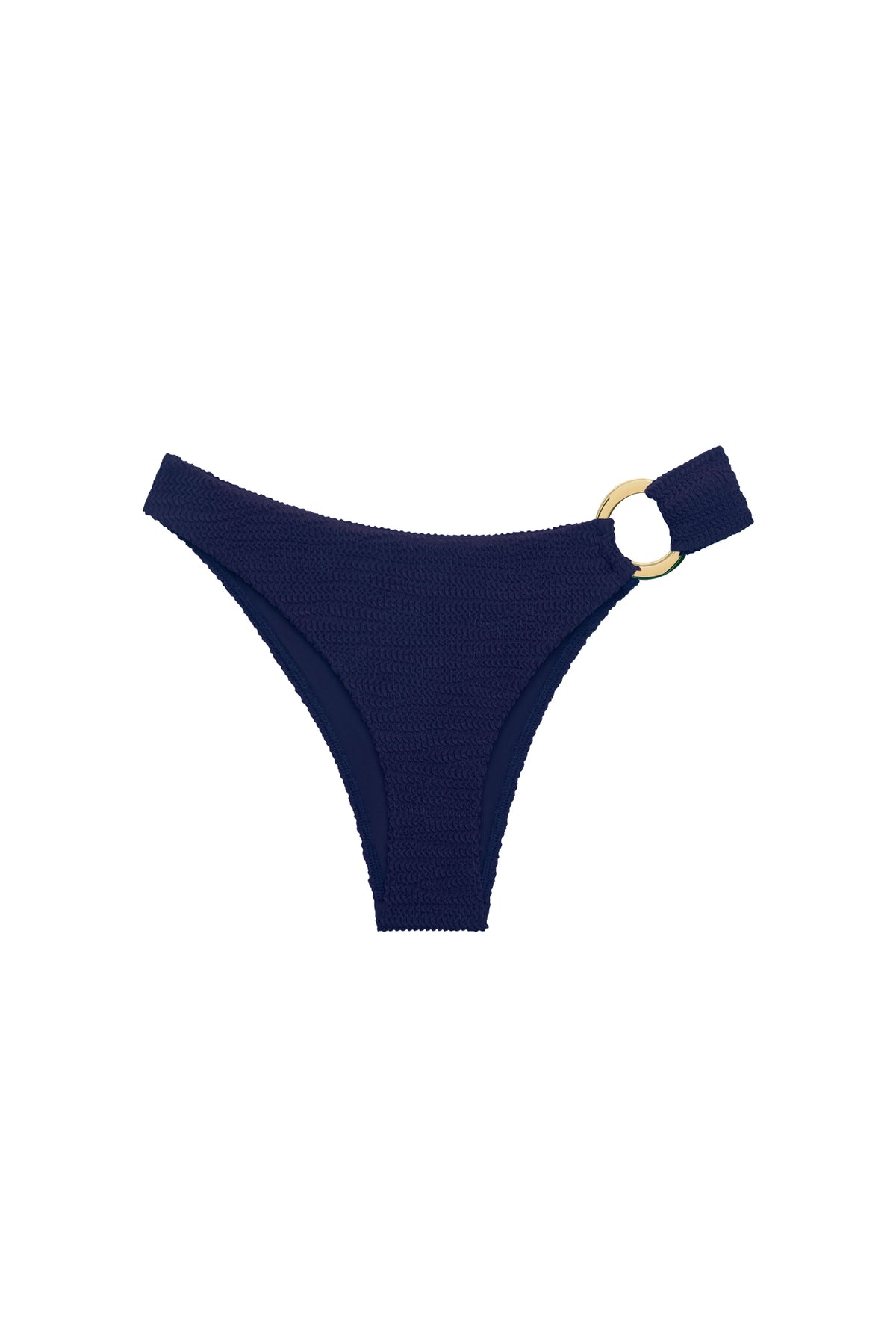 Front view of Bronte Bottom in Midnight Crinkle showcasing high-cut design, crinkle texture, and gold side ring