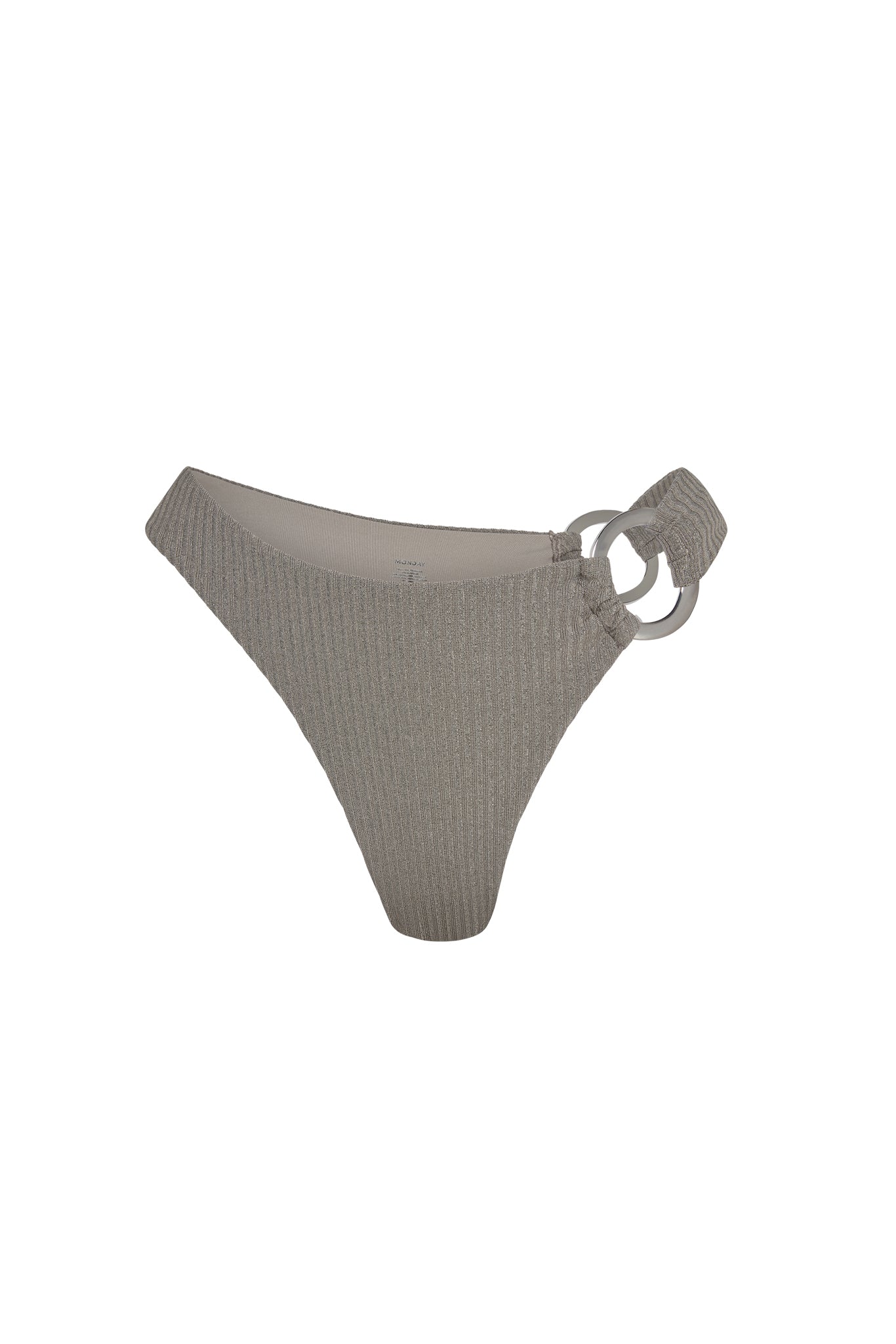 Front view of Bronte Bottom in Steel Lurex Rib showing ribbed lurex fabric, high-cut silhouette and two side rings on a white background