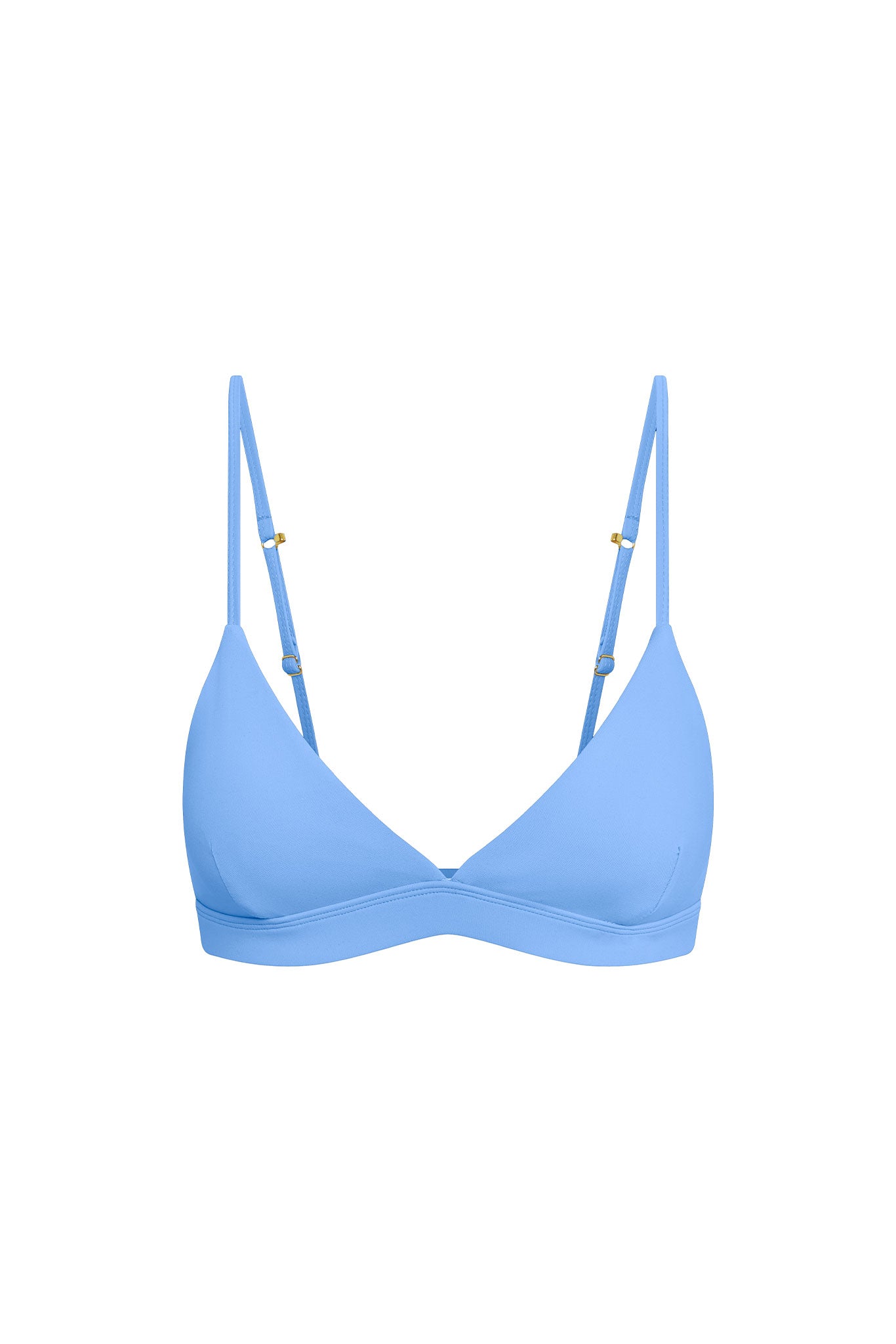 Light blue triangle bralette with thin adjustable straps and elastic underband, front view on white background.