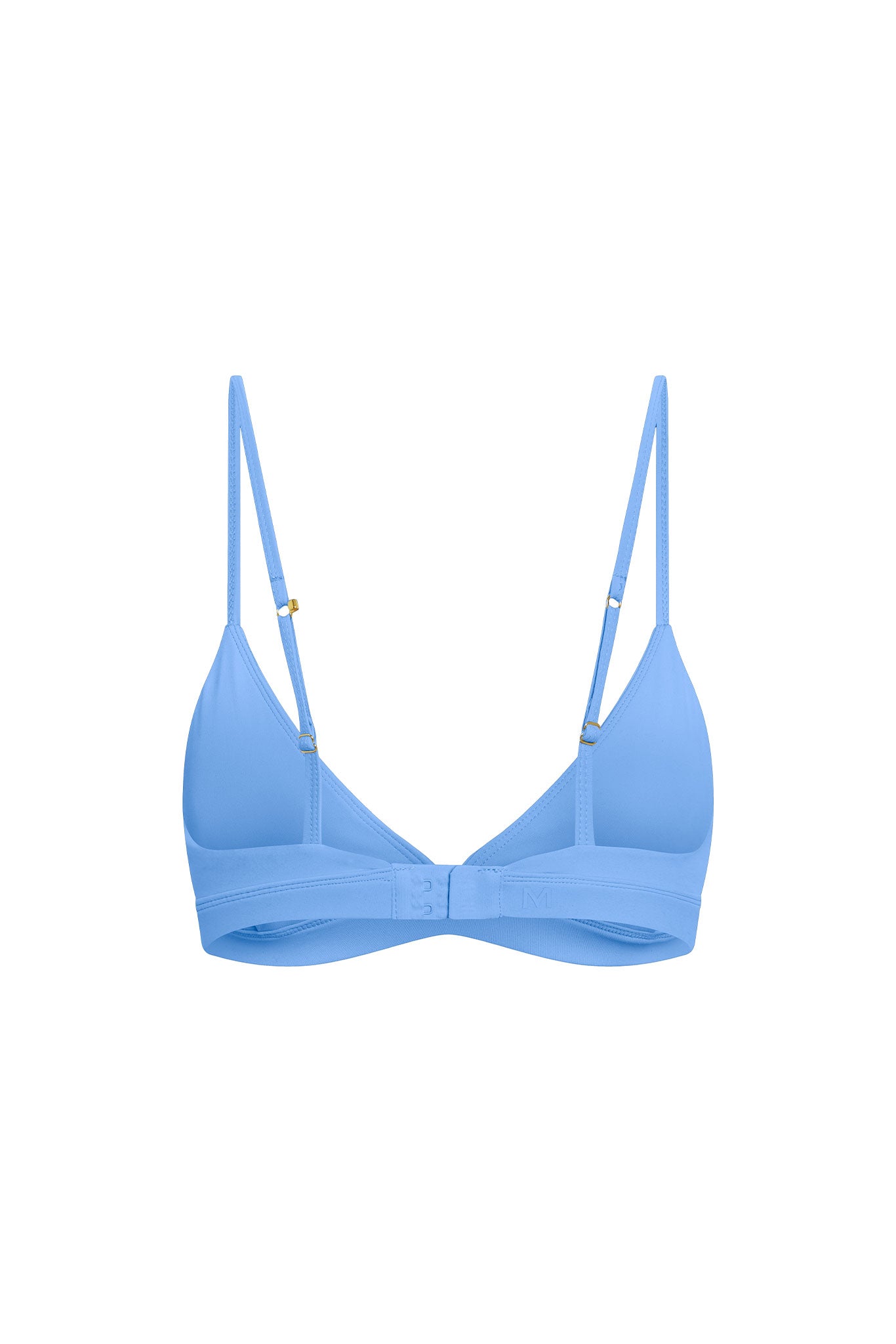 Light blue molded triangle bralette with thin adjustable straps and front hook closure on white background.
