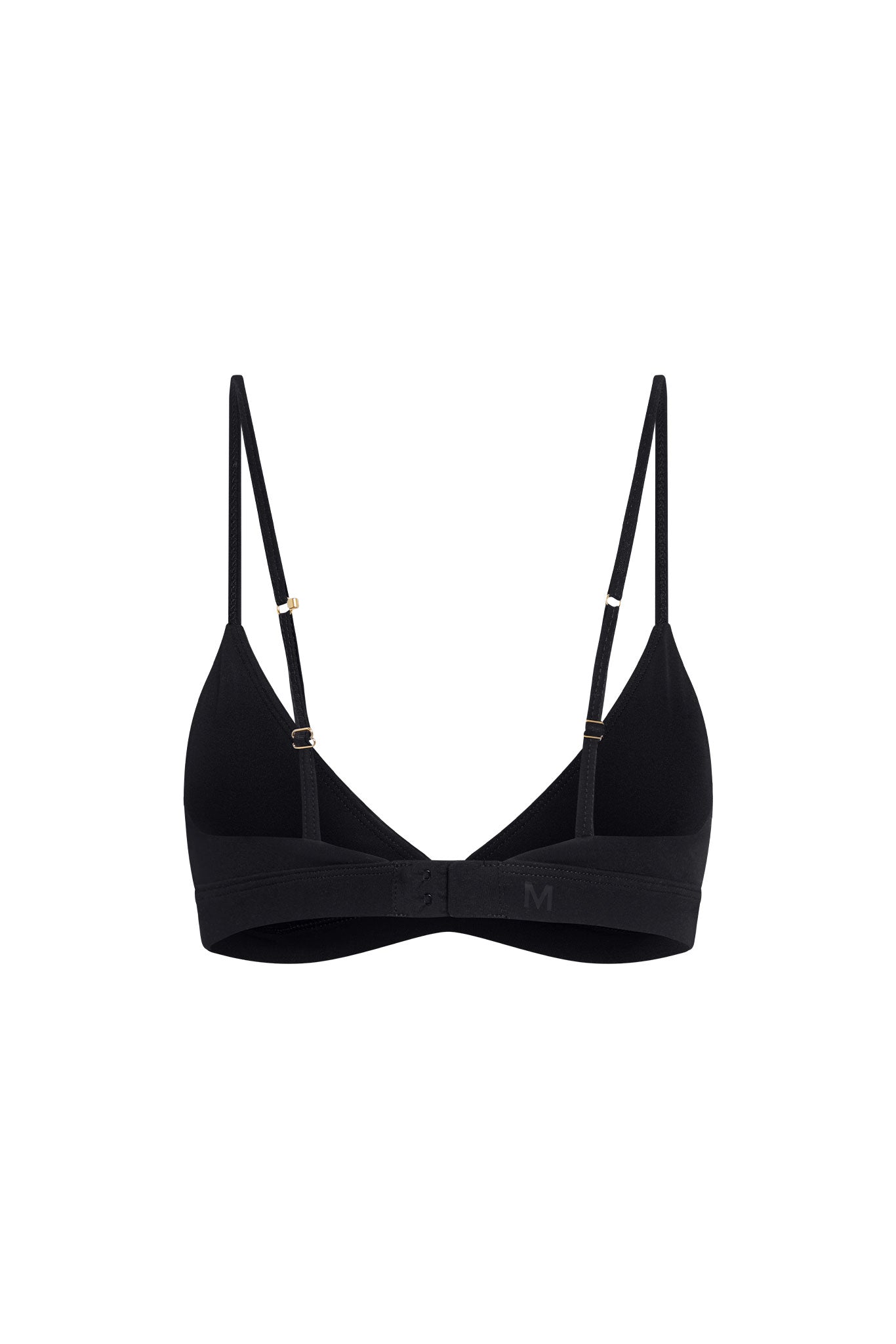Black triangle bralette with thin adjustable straps, back hook closure and small M logo on the band.