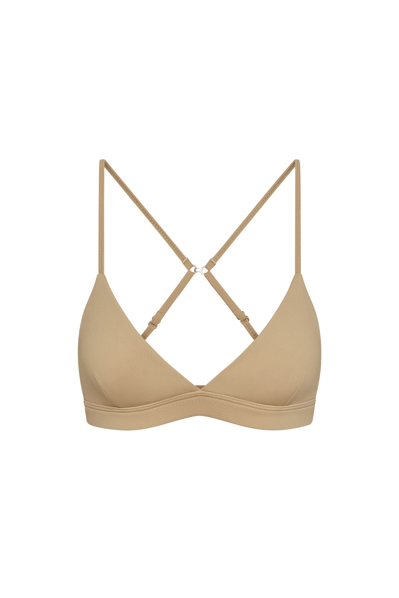 Beige wireless triangle bralette with adjustable criss-cross back straps