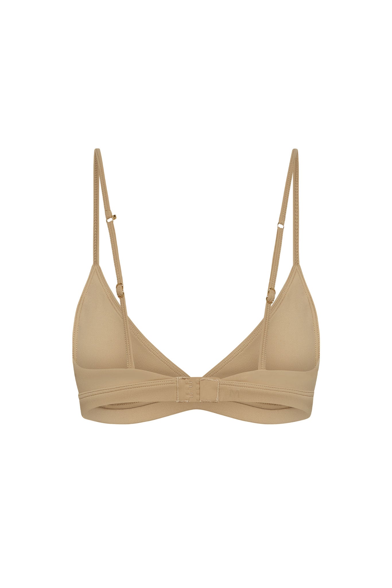 Beige triangle bralette with adjustable straps and front hook closure on white background
