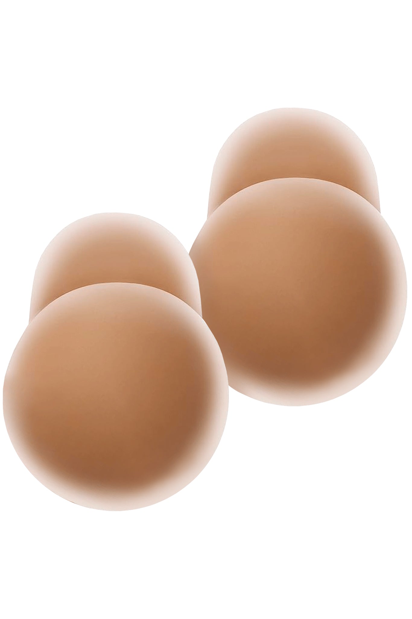 Two pairs of overlapping soft-edged tan spheres on a white background.