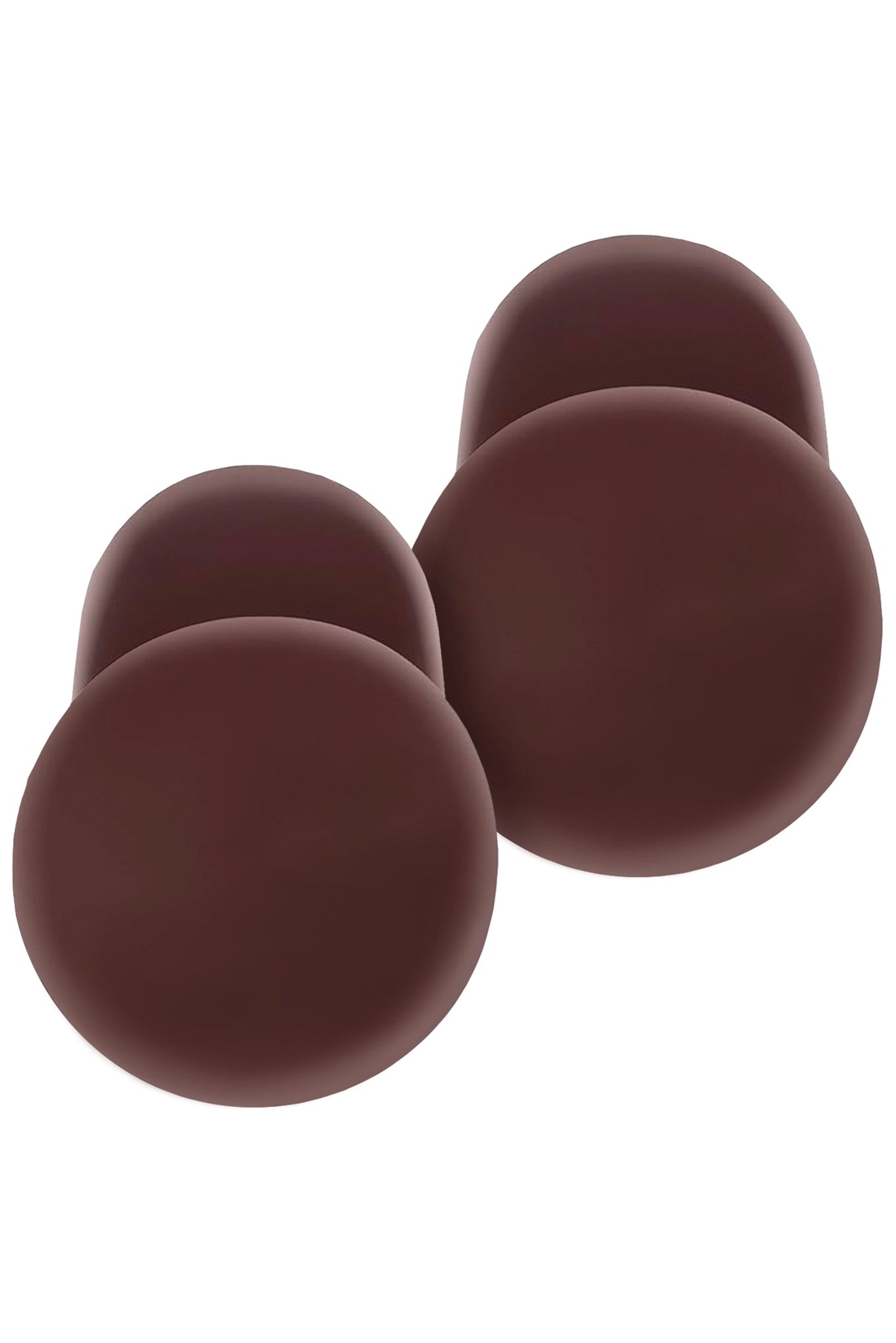 Close-up of two overlapping smooth dark brown round discs with soft shading on a white background.