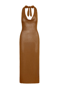 Front view of Bula Dress in Caramel Treble Knit showing cowl neckline, halter neck tie and open-knit texture on white background