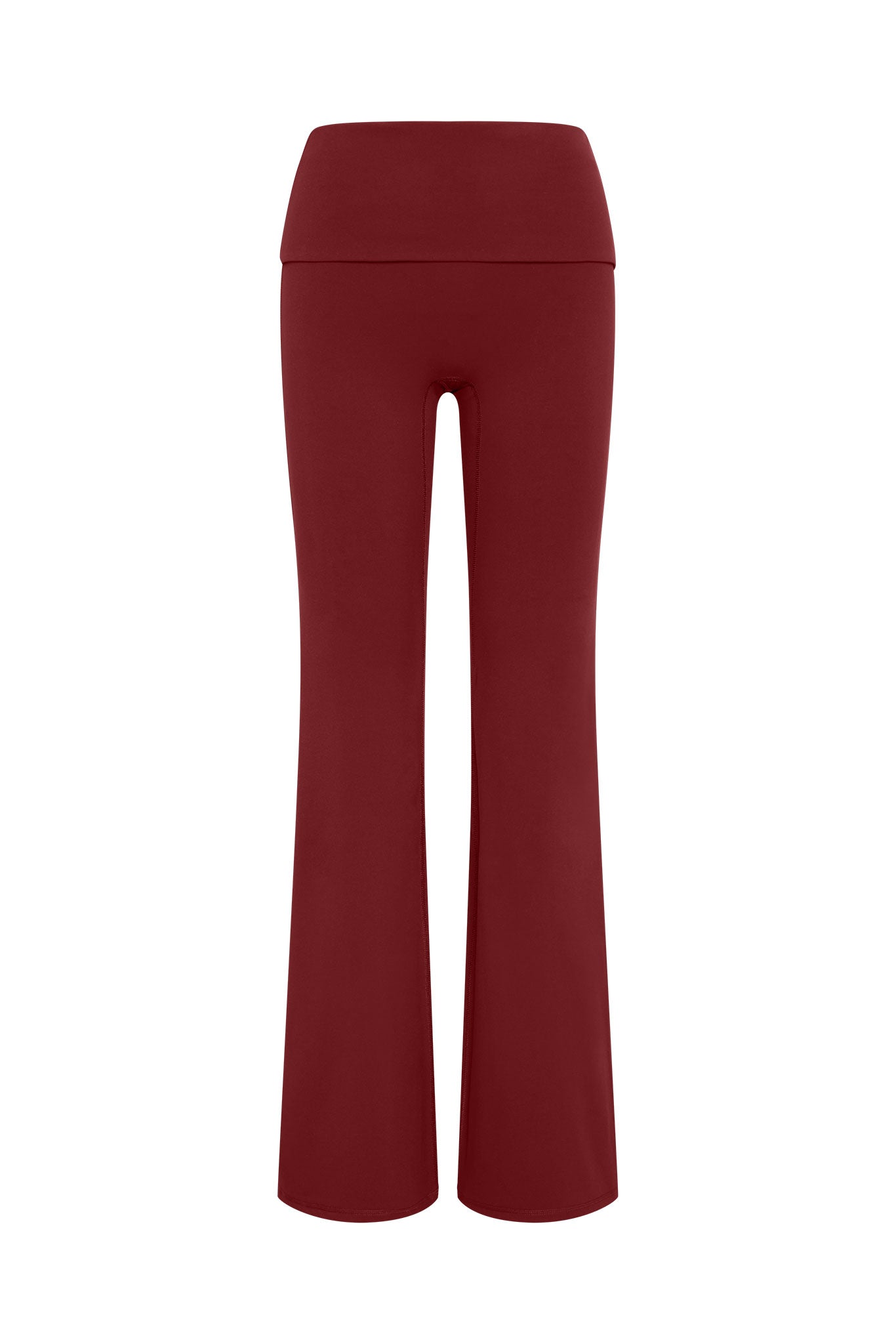 Burgundy high‑waist flared yoga pants, front view