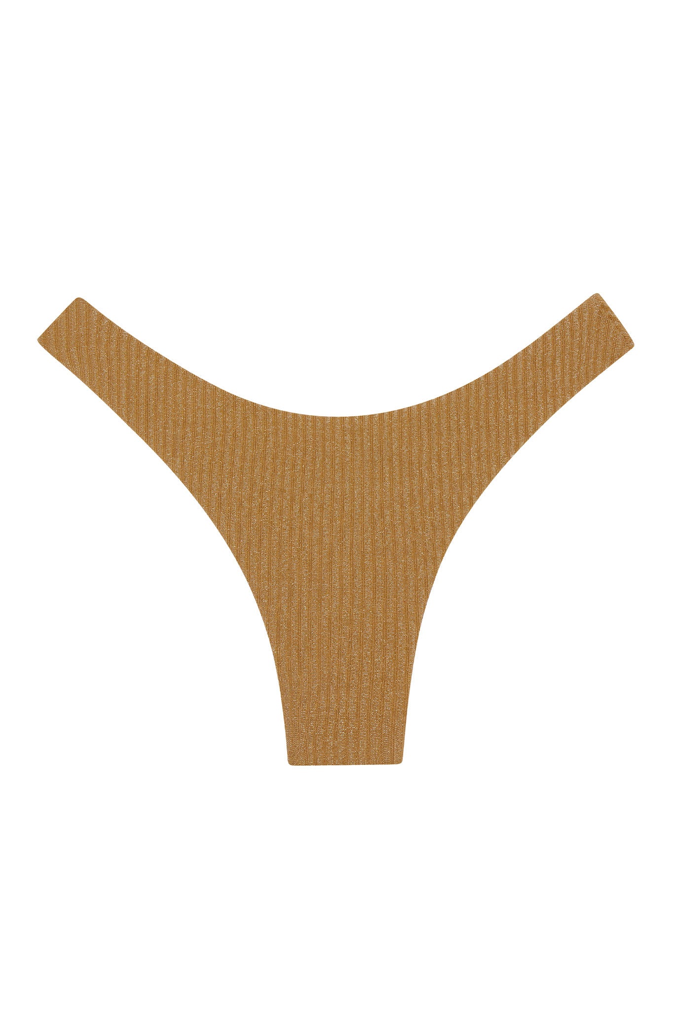 Tan ribbed bikini-style thong underwear, flat lay on white background