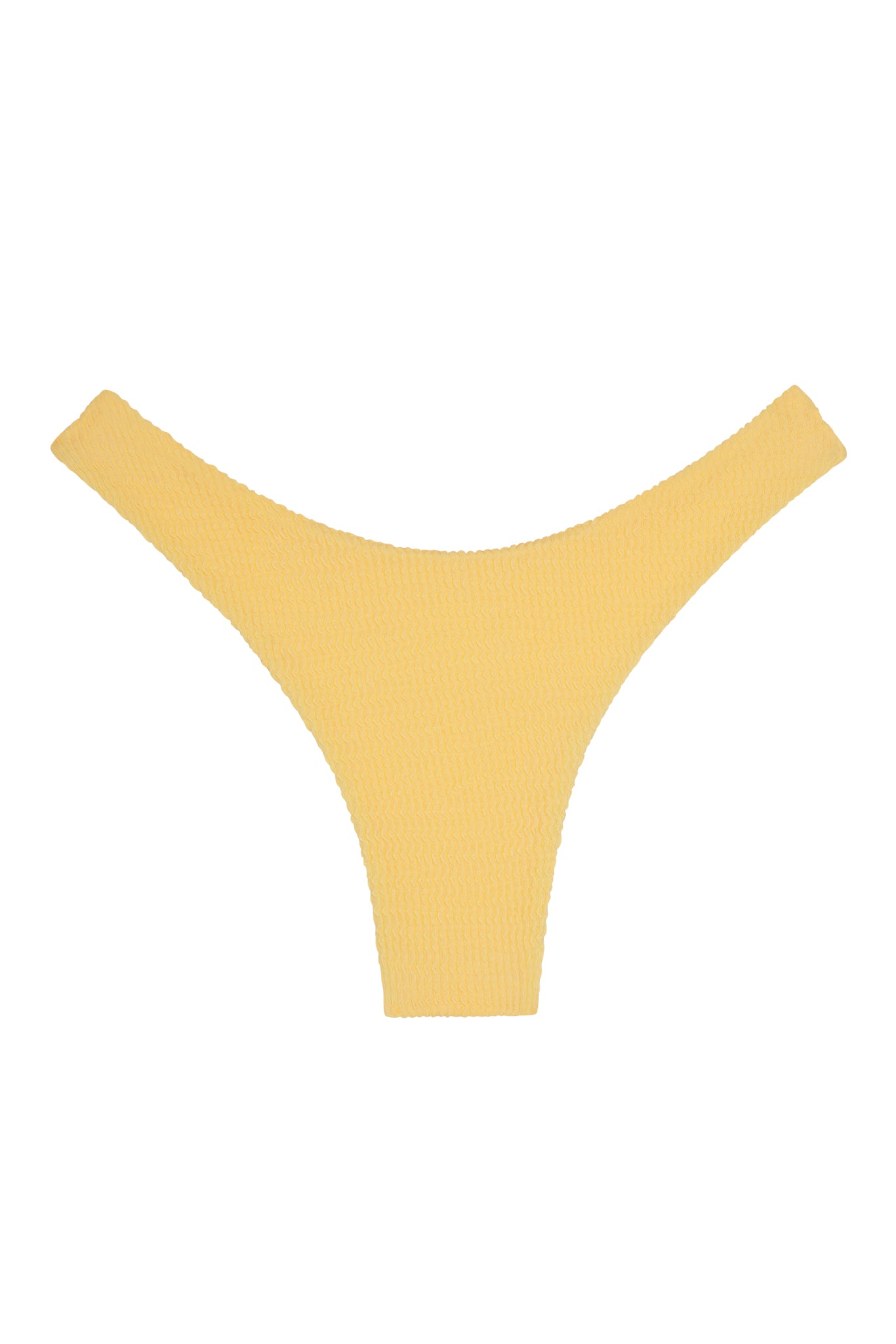 Yellow textured thong-style bikini bottom laid flat on white background.