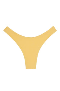Yellow textured thong-style bikini bottom laid flat on white background.