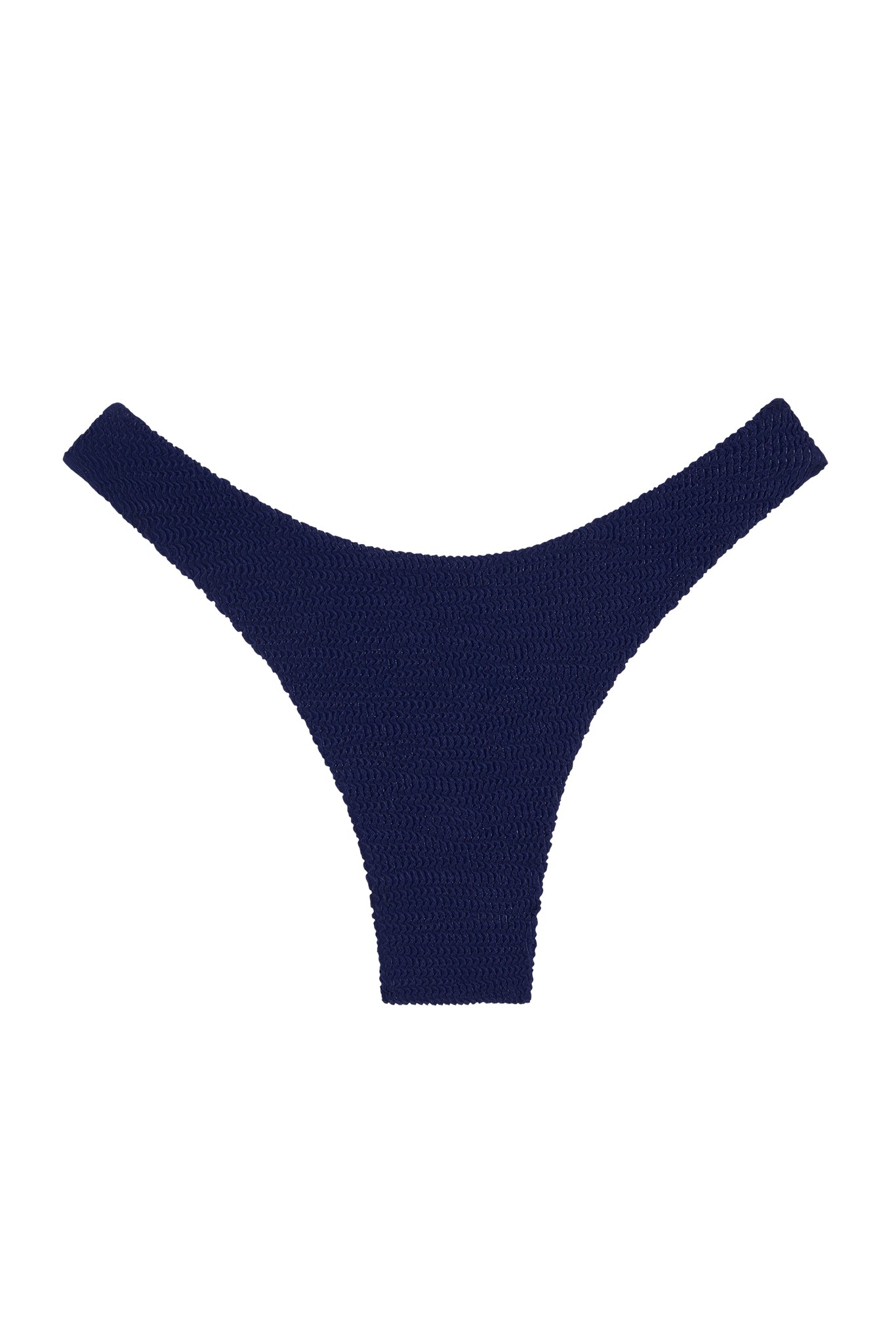 Navy textured high-cut bikini bottom laid flat on white background.