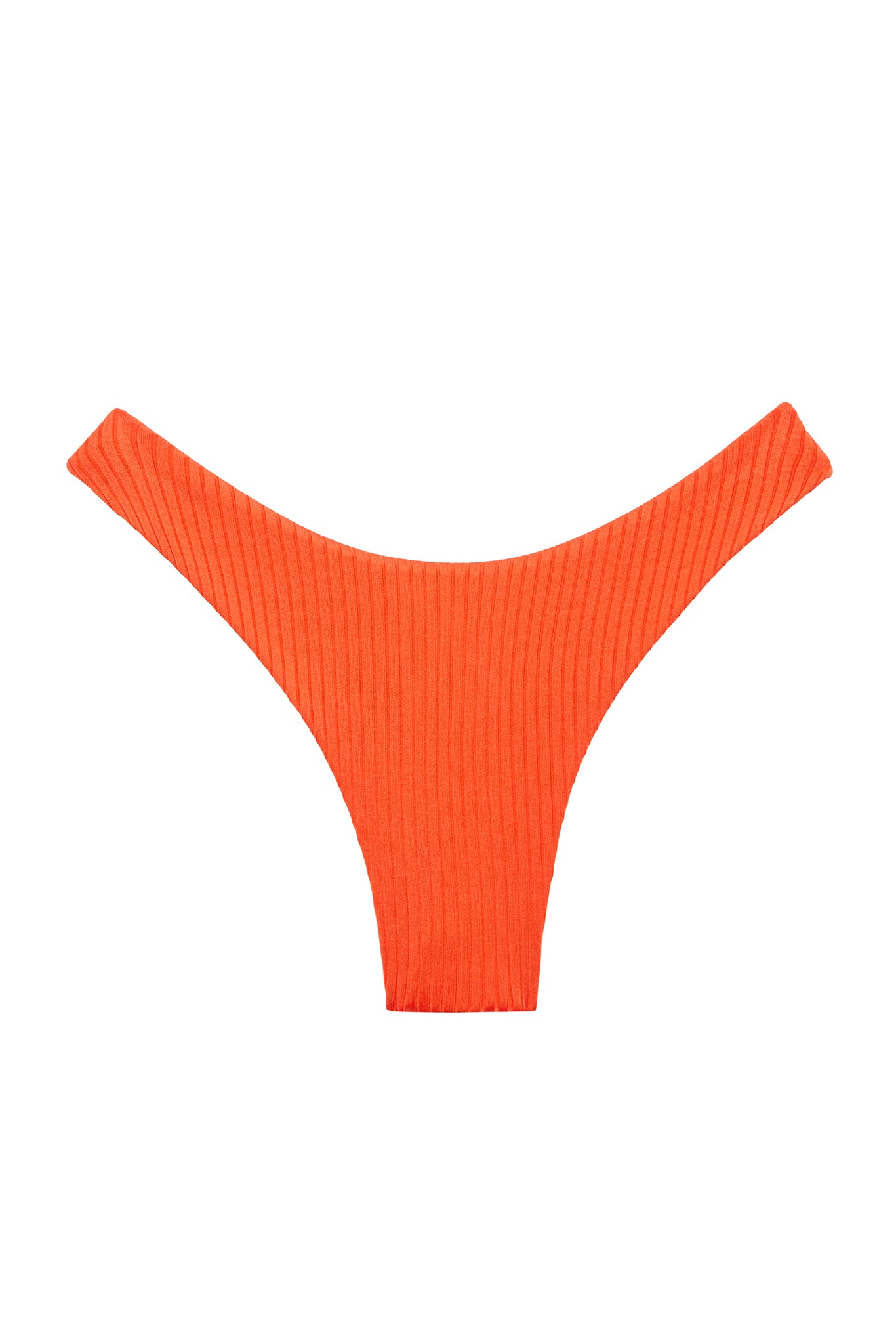 Orange ribbed high-cut bikini bottom laid flat on white background.