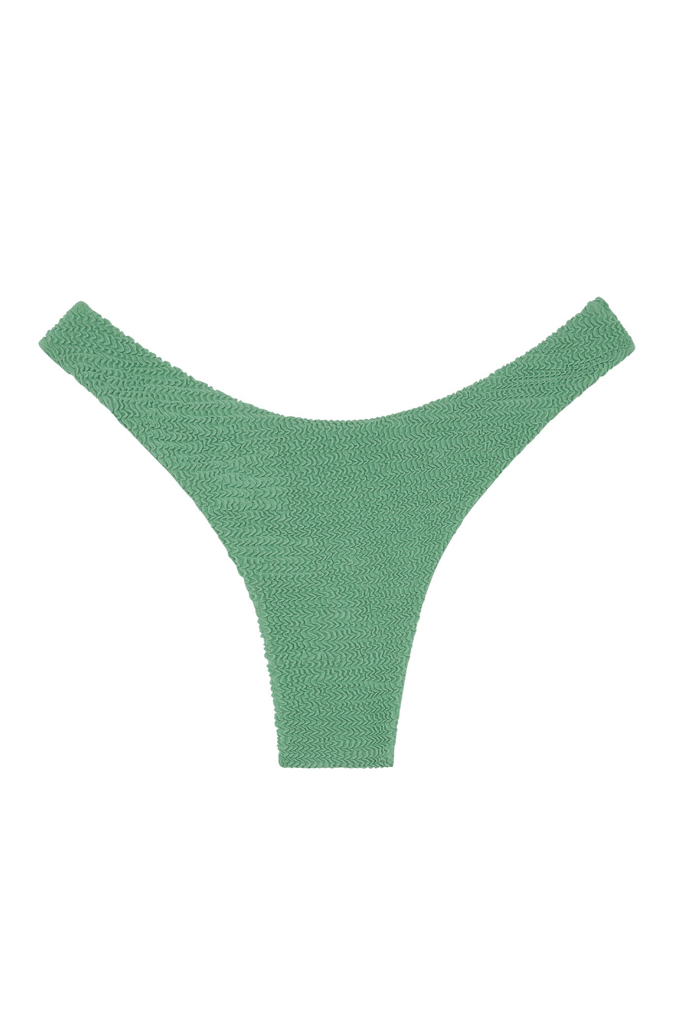Green textured high-leg thong bikini bottom on white background.