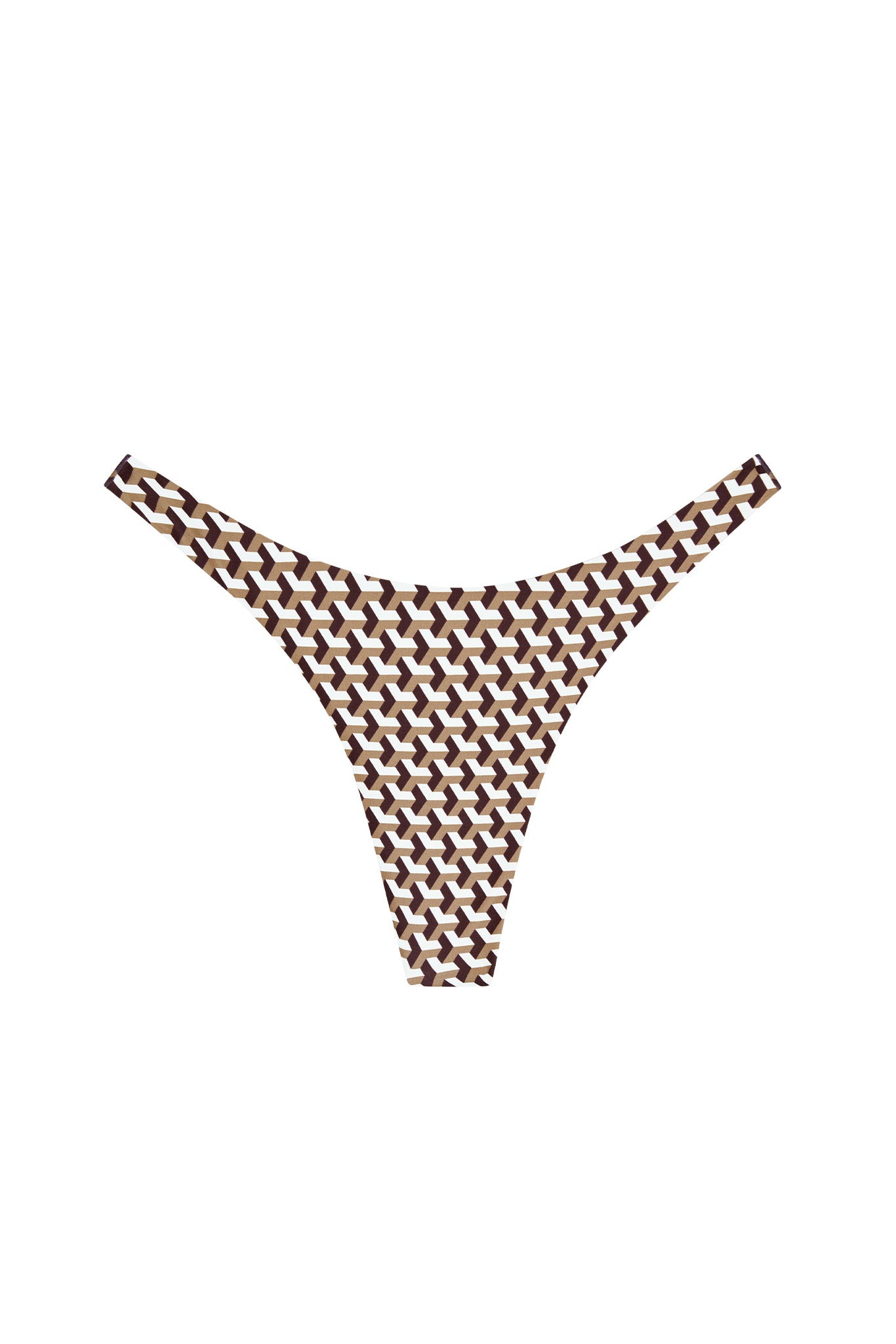 Brown and beige geometric chain-pattern thong bikini bottom on white background