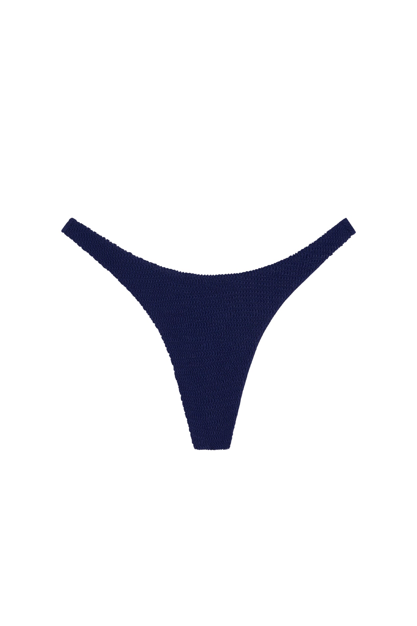 Navy blue textured high-leg thong bikini bottom on white background