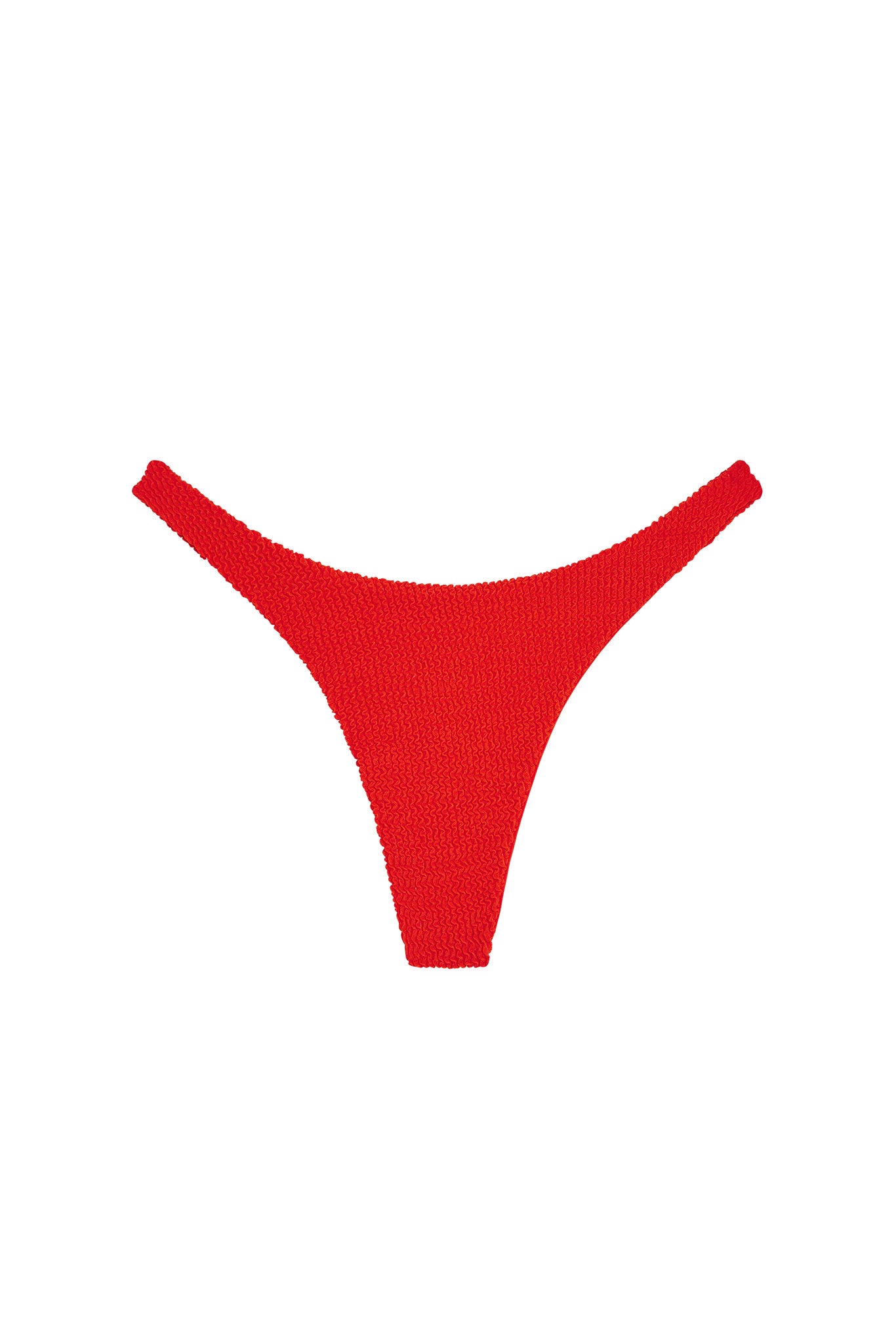 Red textured thong-style bikini bottom isolated on white background.