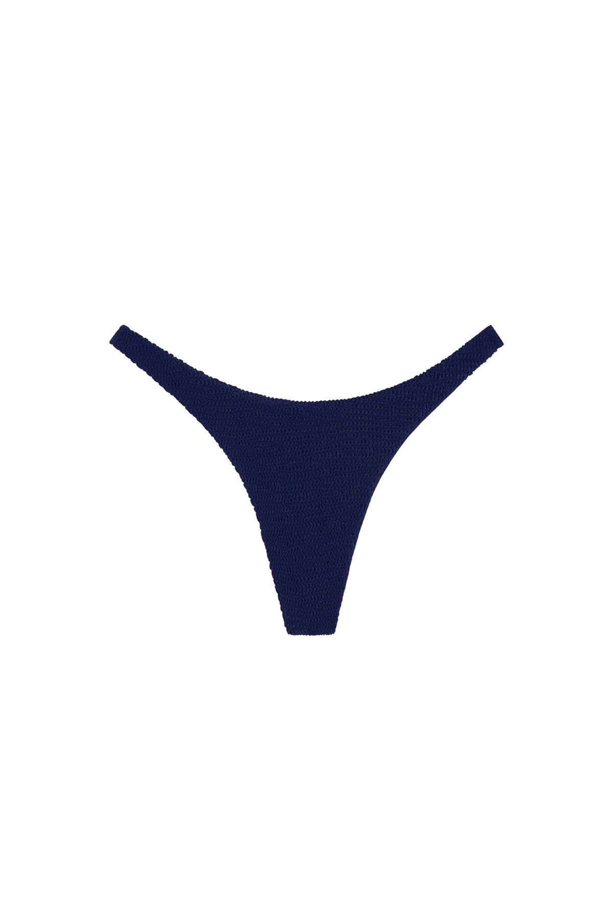 Front view of Byron Thong in Midnight Crinkle showcasing crinkle texture and minimal coverage with white background