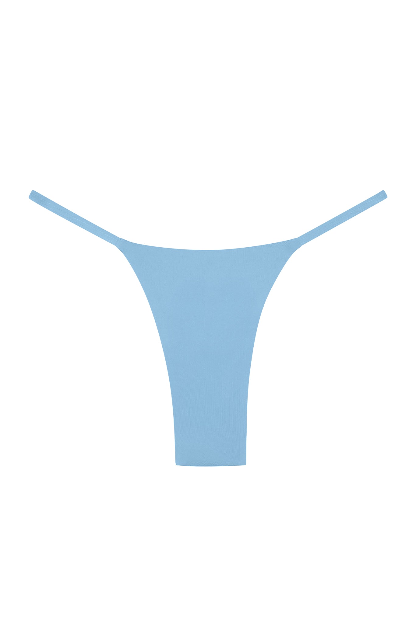 Light blue thong bikini bottom photographed flat on a white background