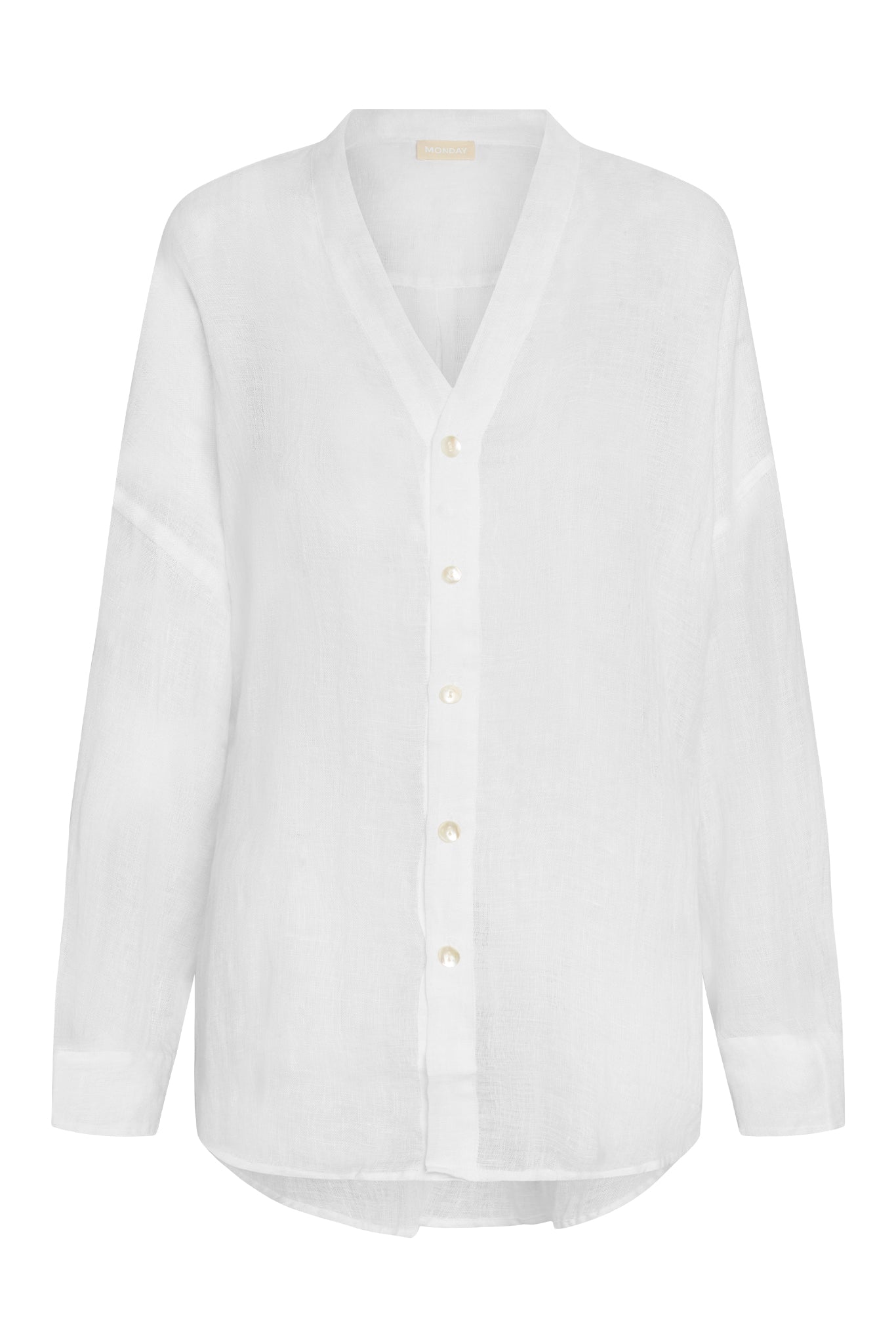 White linen long-sleeve V-neck button-up shirt with mother-of-pearl buttons; label reads MONDAY