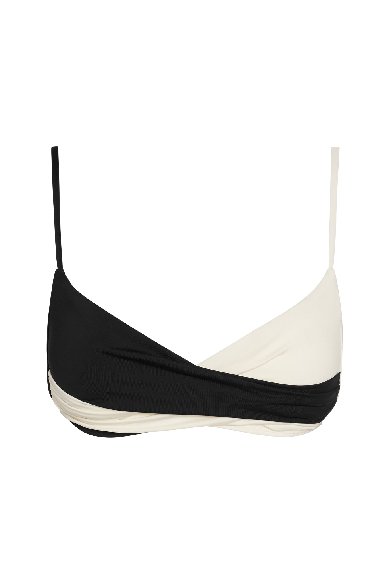 Black and white wrap bikini top with thin shoulder straps