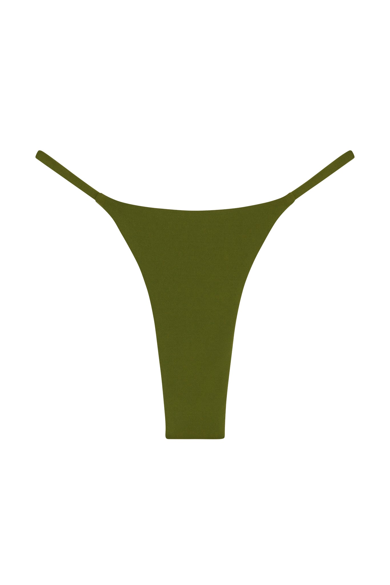 Olive-green women's high-cut thong bikini bottom on white background