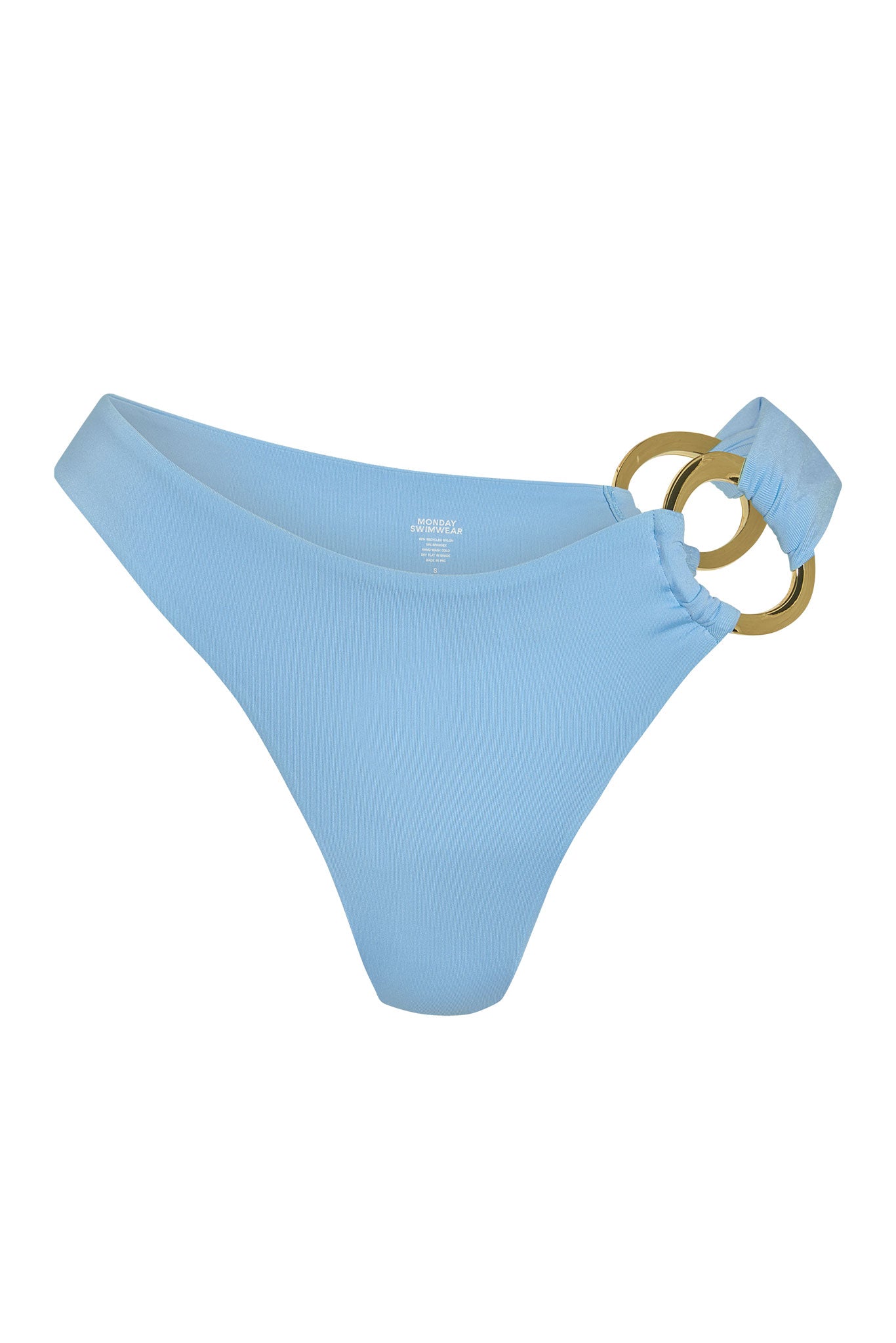 Light blue bikini bottom with gold double-ring hip hardware; interior label reads MONDAY SWIMWEAR