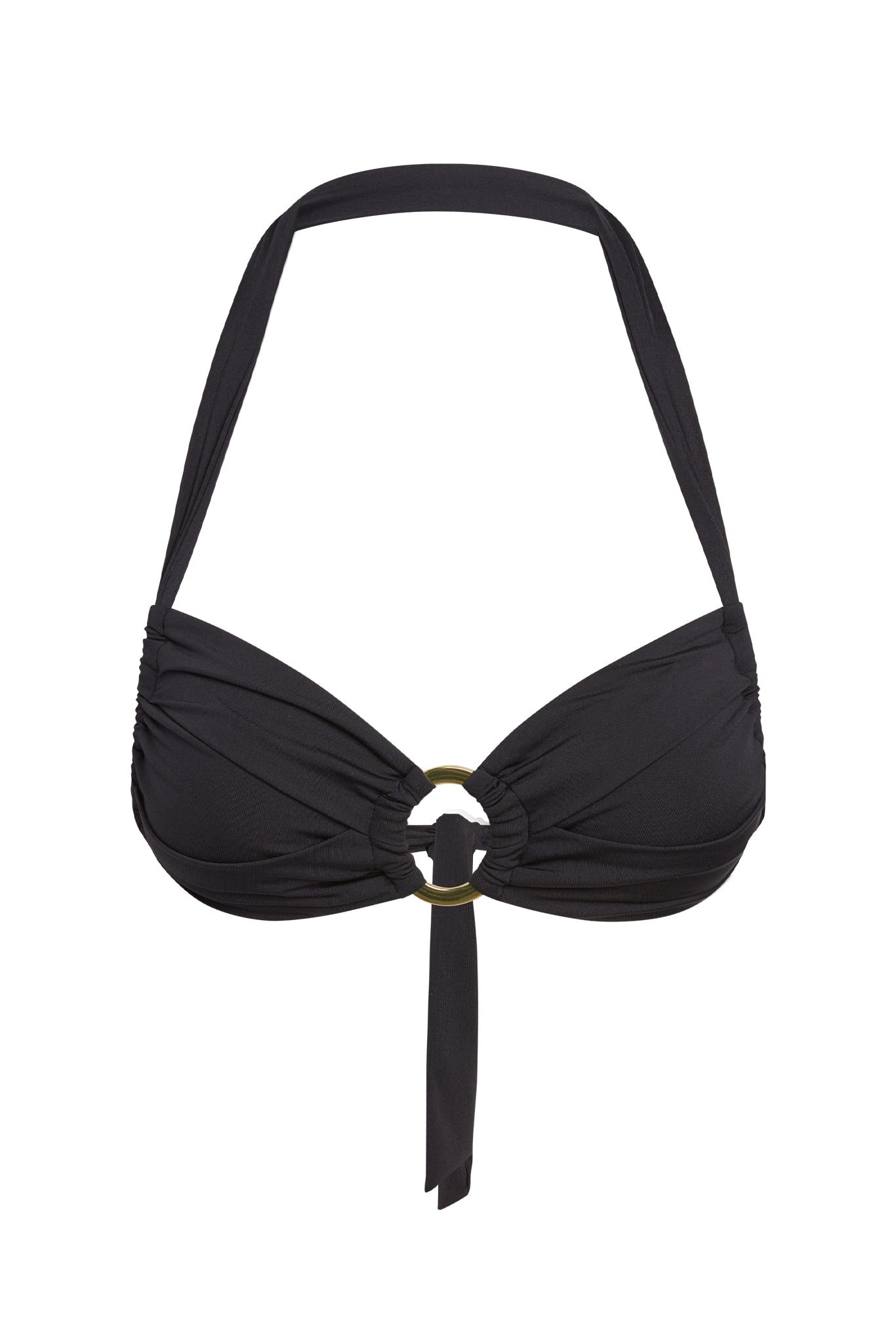 Black halter bikini top with gold center ring and front tie