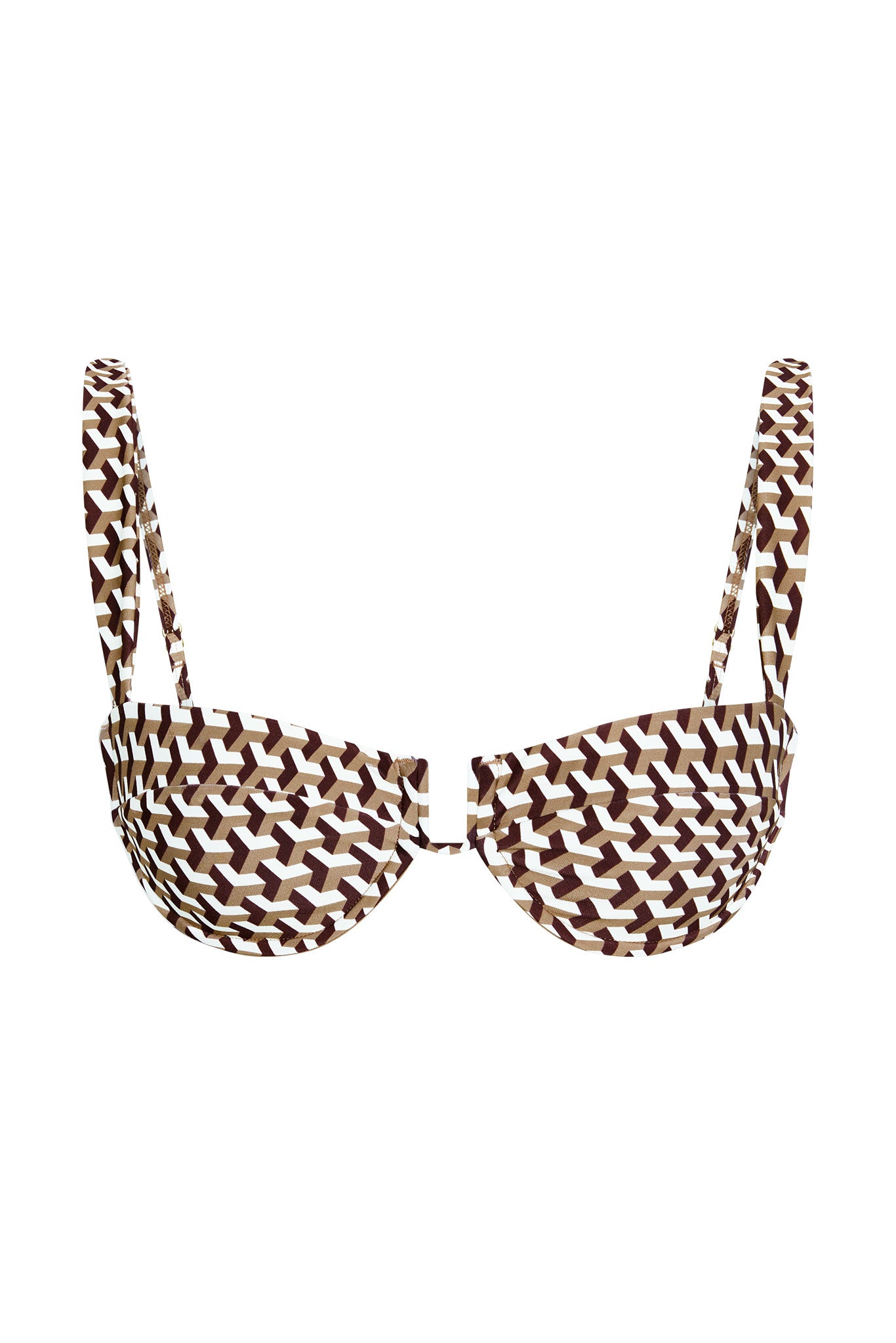 Brown, white and tan geometric print underwire bikini top with adjustable shoulder straps
