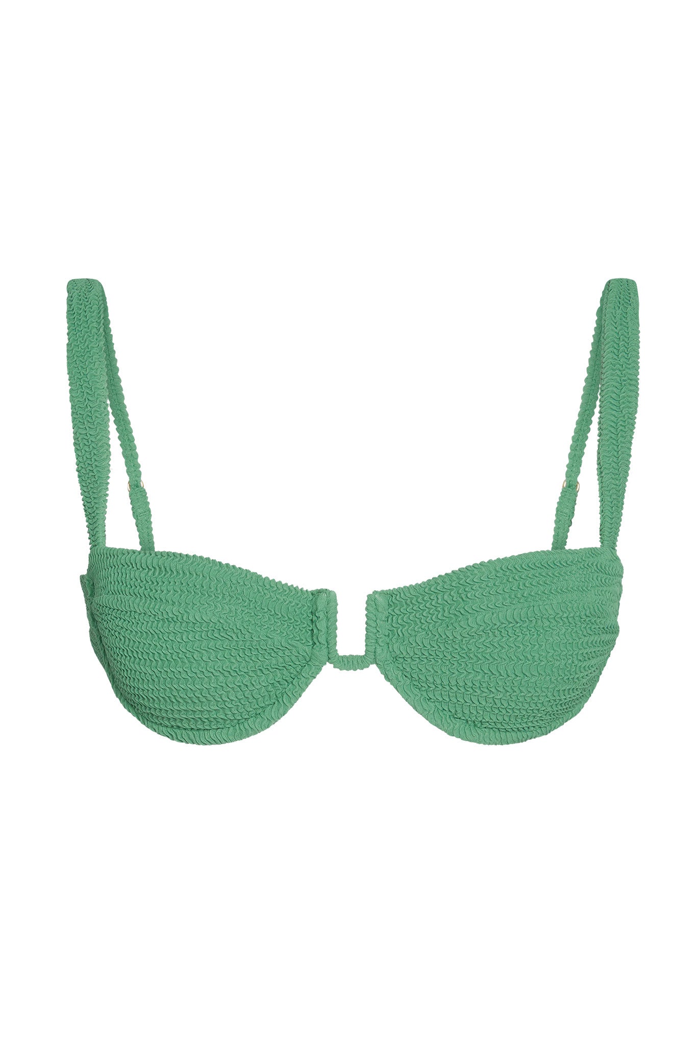 Green textured bikini top with underwire and adjustable straps