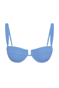 Front view of Cala Roja Top in Azure Crinkle showing balconette shape, crinkle texture, adjustable straps on white