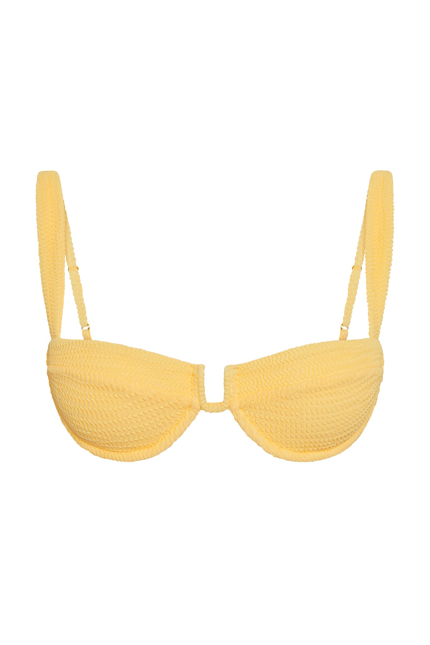Yellow textured balconette bikini top with adjustable straps on white background
