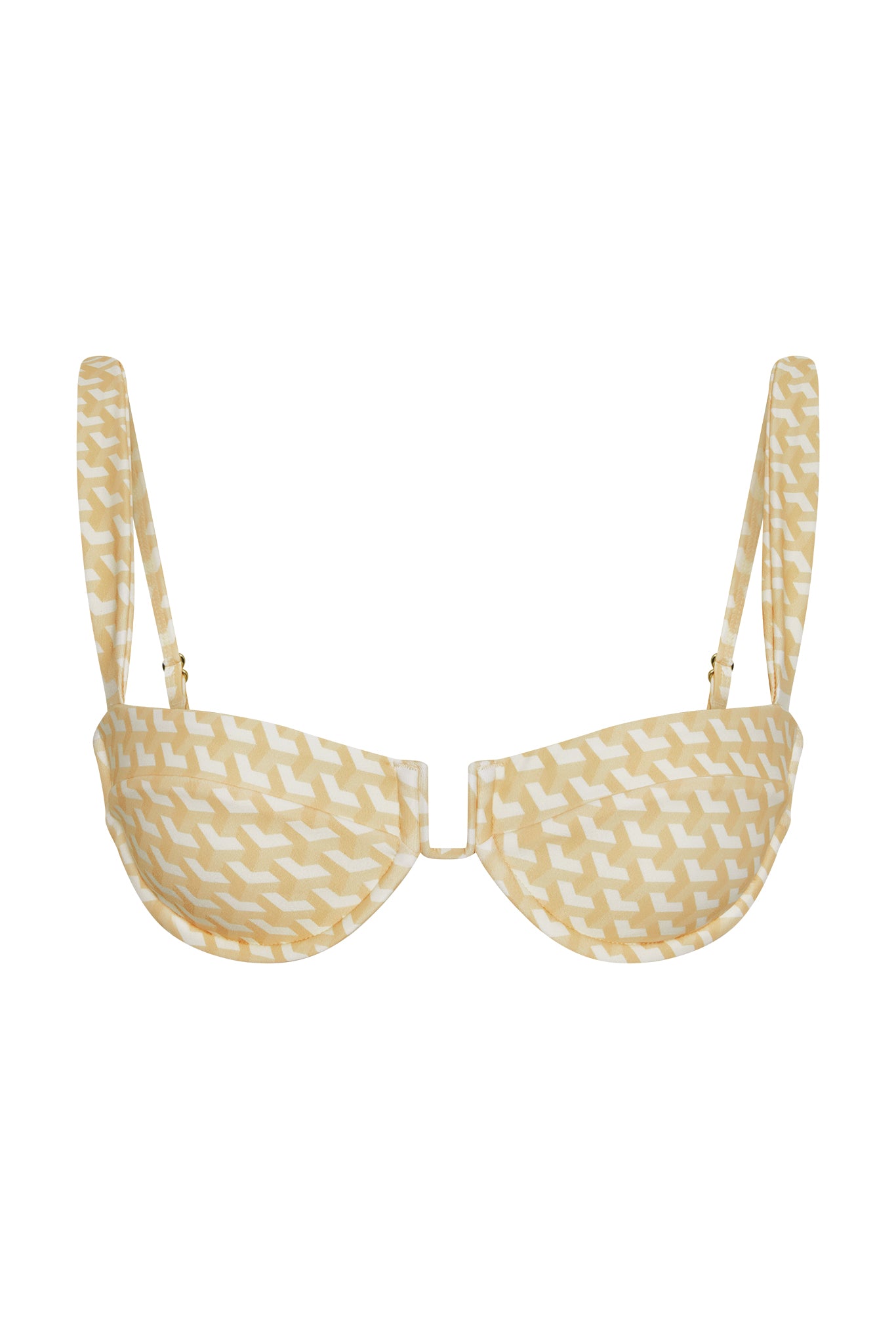 Yellow geometric-print underwire bikini top with adjustable straps
