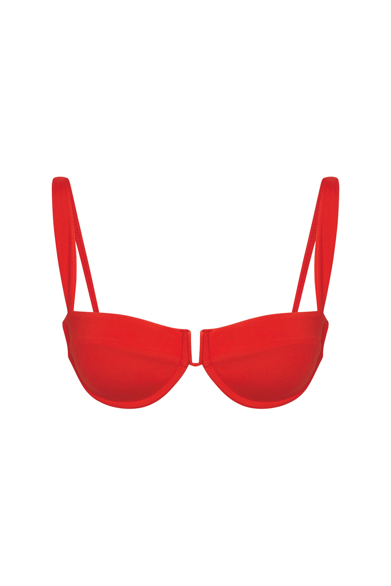 Front view of Cala Roja Top in Chili Pepper showing underwire cups with U wire center and shoulder straps on white
