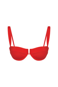 Front view of Cala Roja Top in Chili Pepper showing underwire cups with U wire center and shoulder straps on white