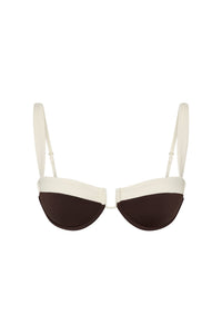 Front view of Cala Roja top in espresso and ivory showcasing color block detailing and underwire cups on white background
