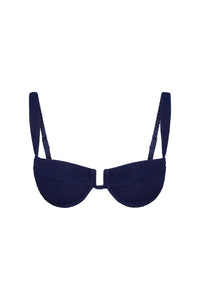 Front view of Cala Roja Top in Midnight Crinkle showcasing crinkle fabric, underwire cups, u-wire detail and wide shoulder straps
