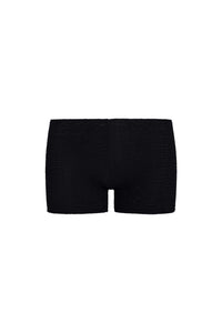 Front view of Cali Short in Black Crinkle showcasing textured crinkle knit and low-rise fit against a white background