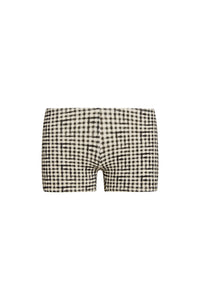 Front view of Cali Short in black gingham showcasing low-rise fitted pull-on shorts on white background