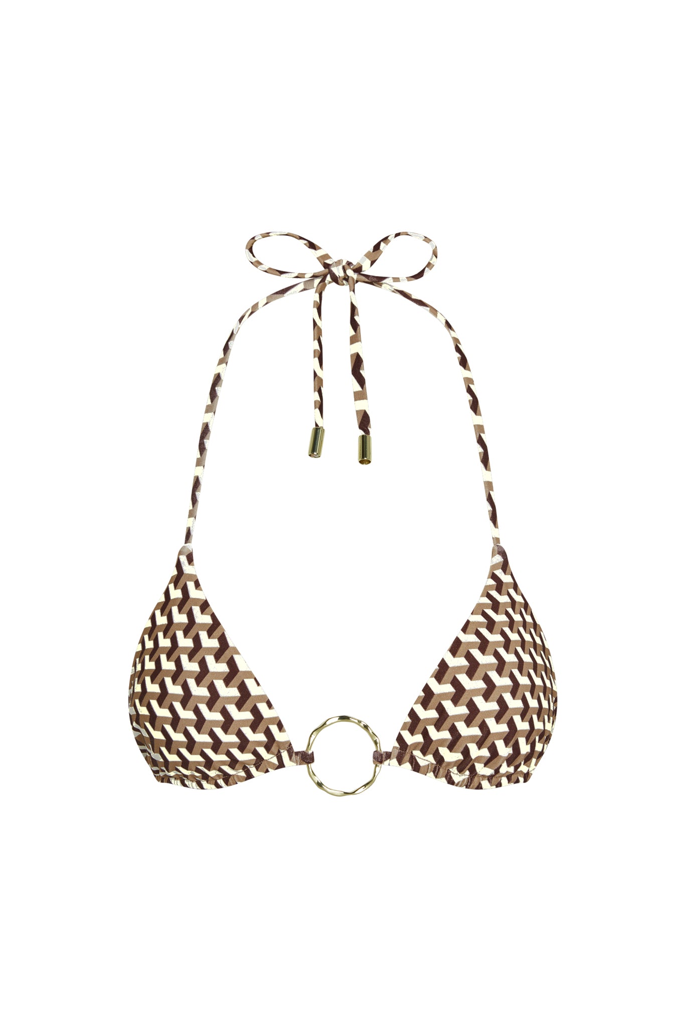 Three-quarter front of Cannes Top in Husk Geo showcasing triangle cups, gold center ring and adjustable ties on white background