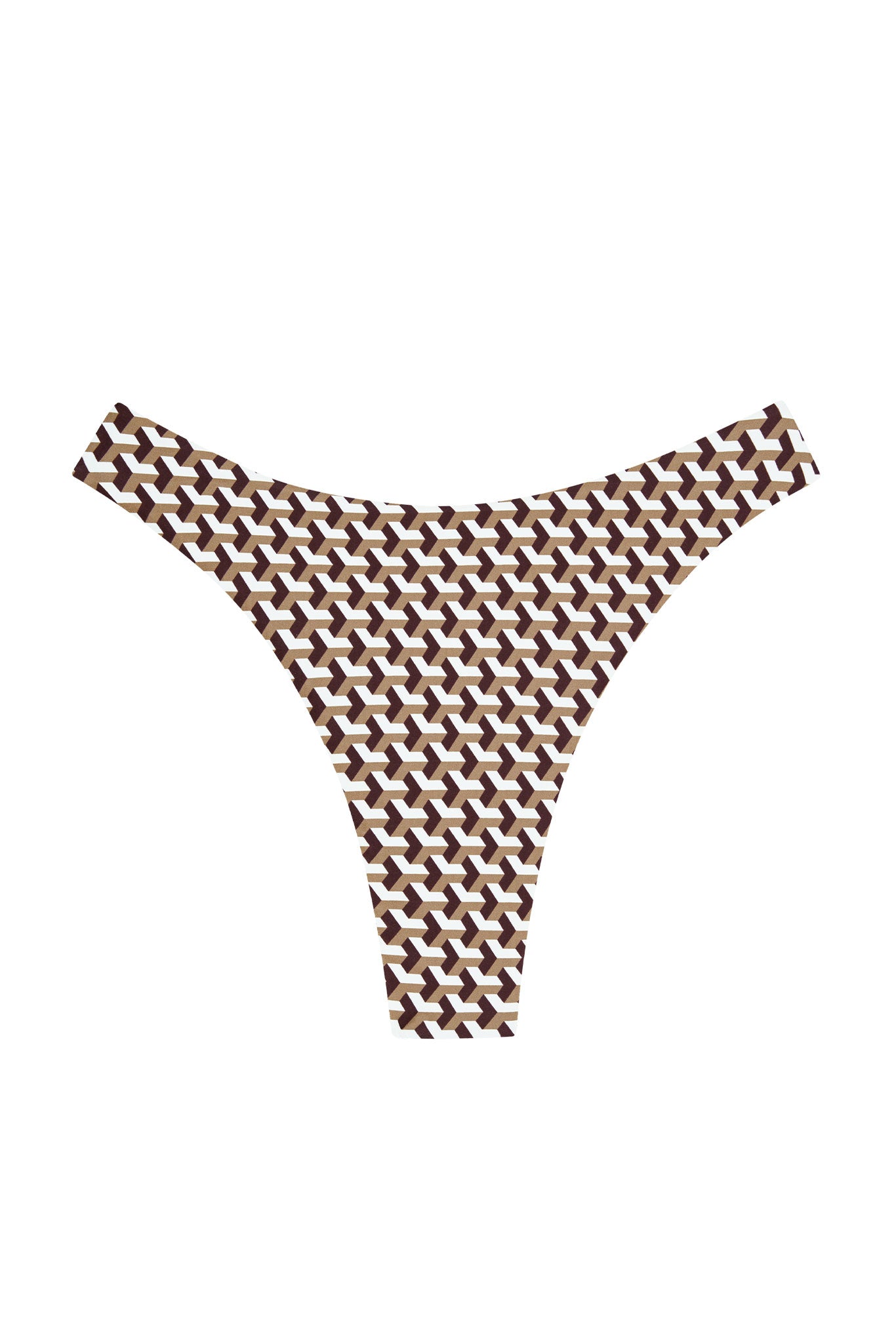 Brown and beige geometric-patterned thong bikini bottom centered on white background