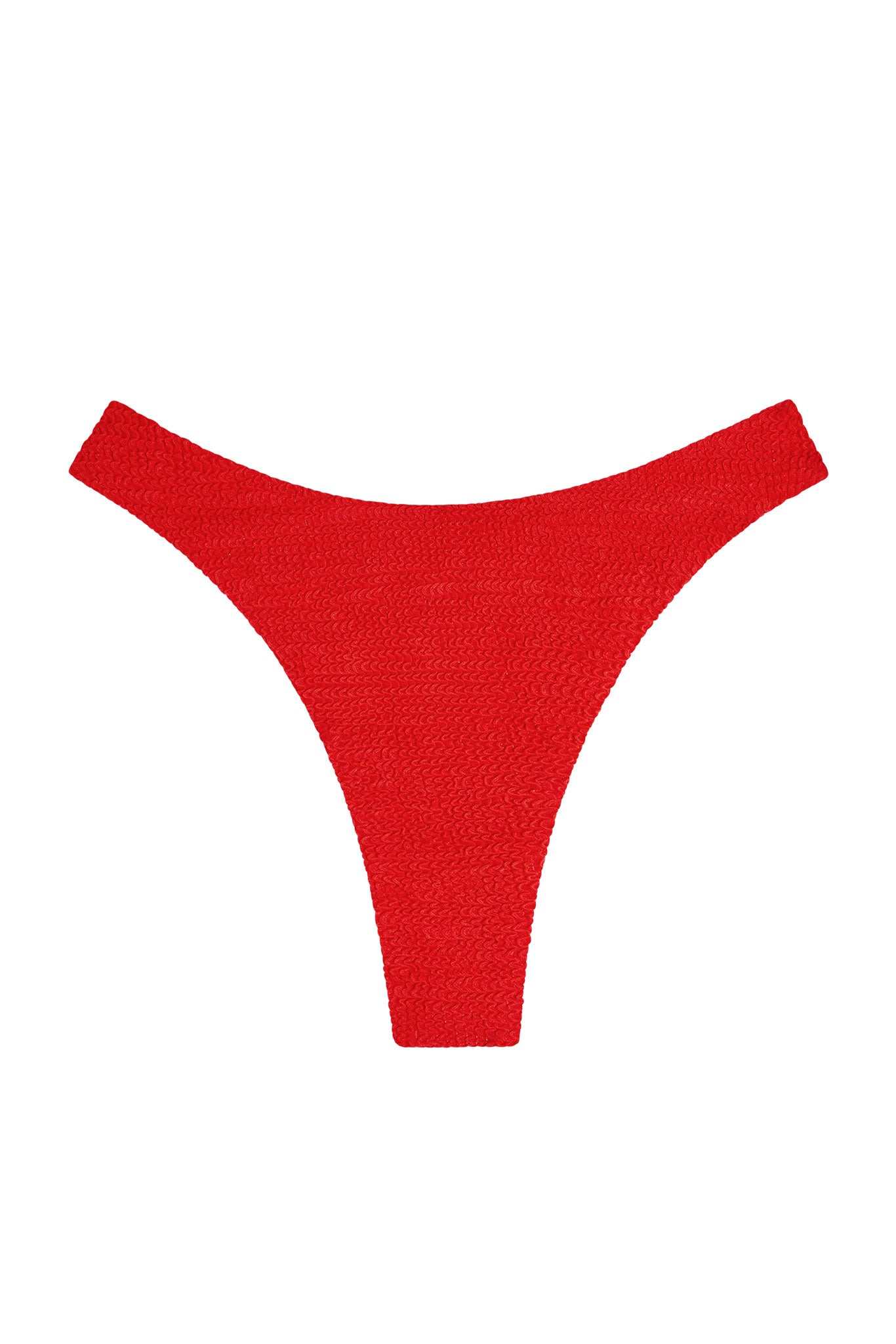 Red textured thong-style bikini swim bottom centered on white background