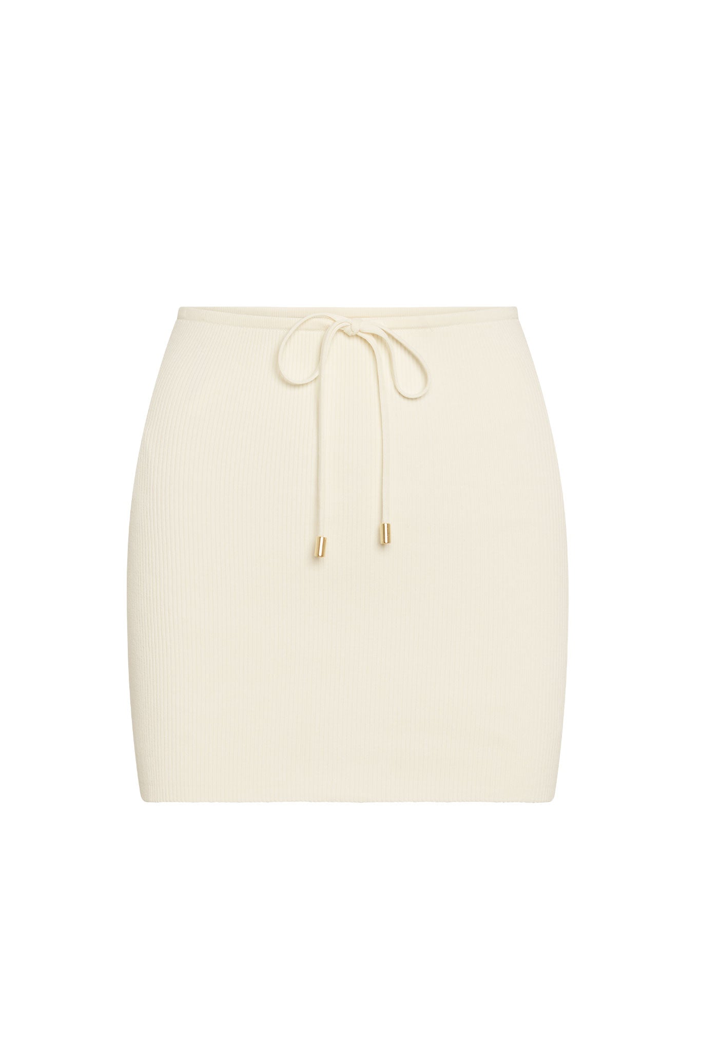 Cream ribbed knit mini skirt with drawstring waist and gold-tone aglets