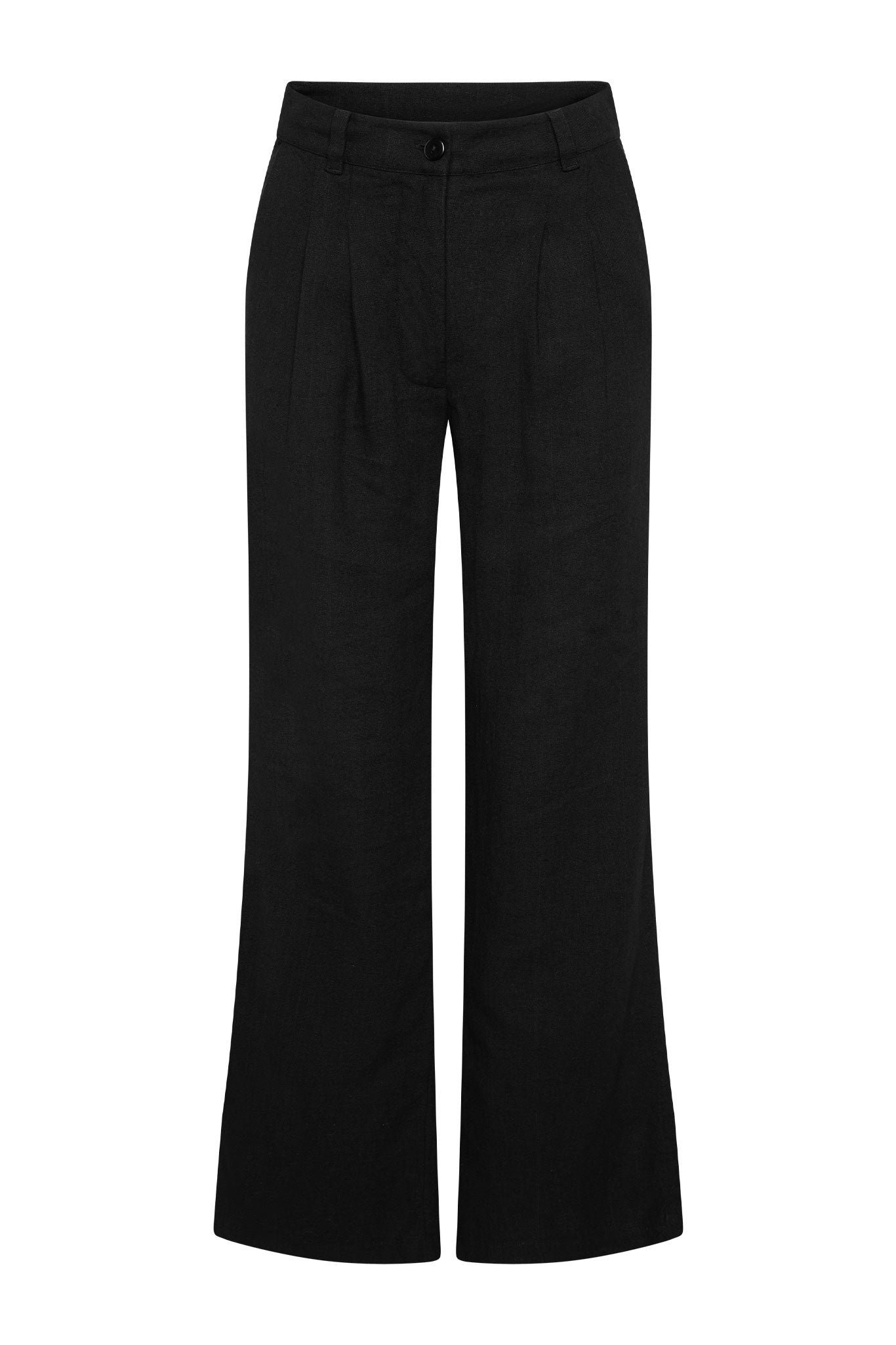 Black high-waist wide-leg trousers with front pleats, belt loops and single button closure on a white studio background.