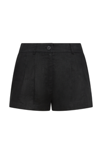 Front view of Casablanca Short in black linen showcasing front pleats, belt loops, side pockets, and button-and-zip closure on white background